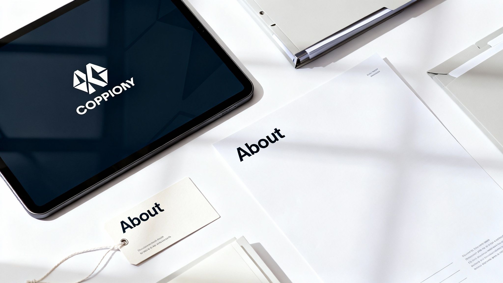 A clean, top-down view of office supplies including a tablet displaying a logo, paper, and a tag with 'About' text, on a white desk.