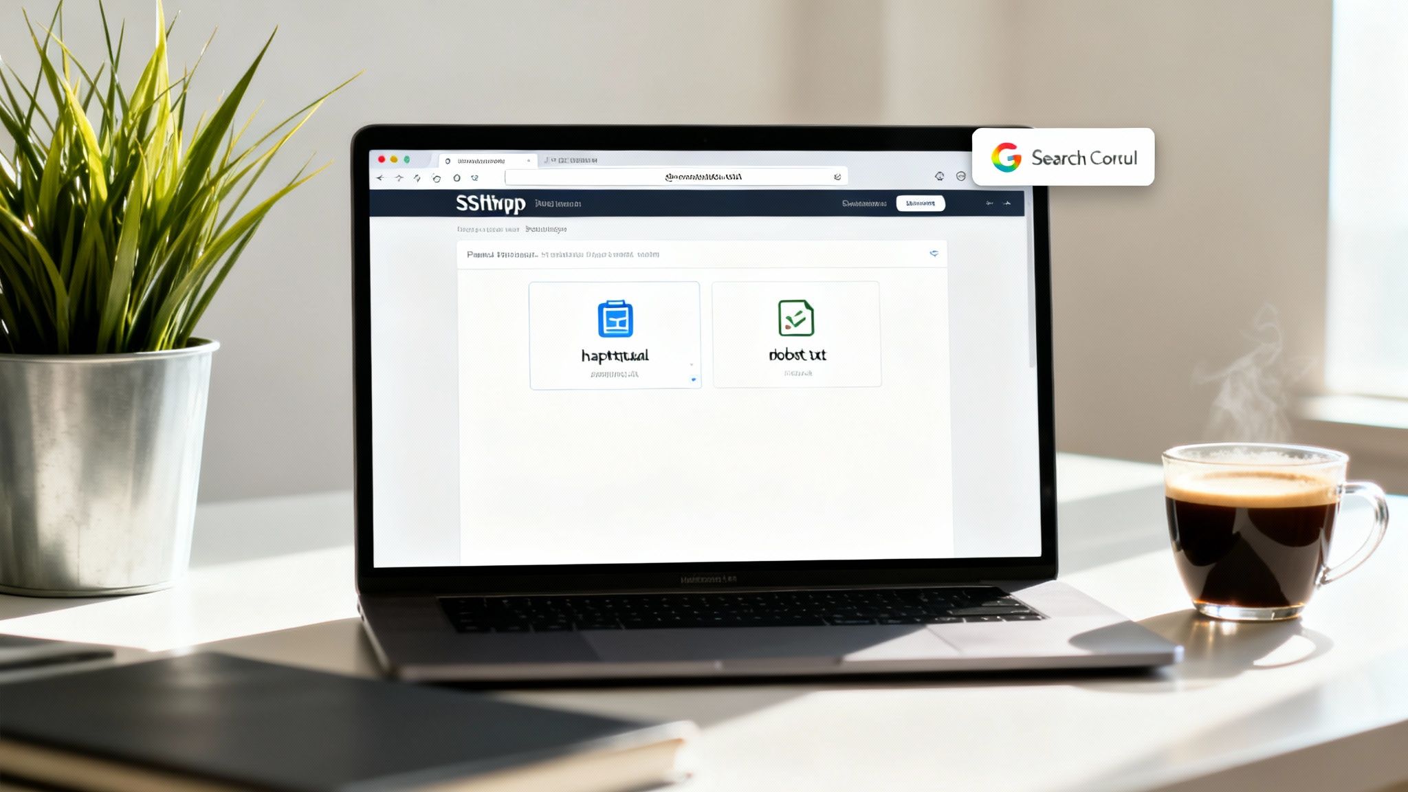 A modern workspace with a laptop displaying file icons, a potted plant, and a steaming cup of coffee.