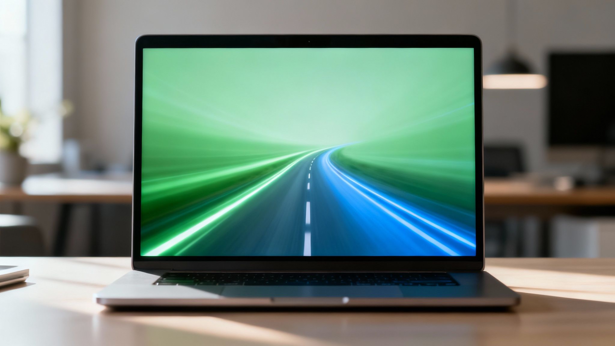 A laptop on a wooden desk displays a futuristic road graphic with green and blue light trails.