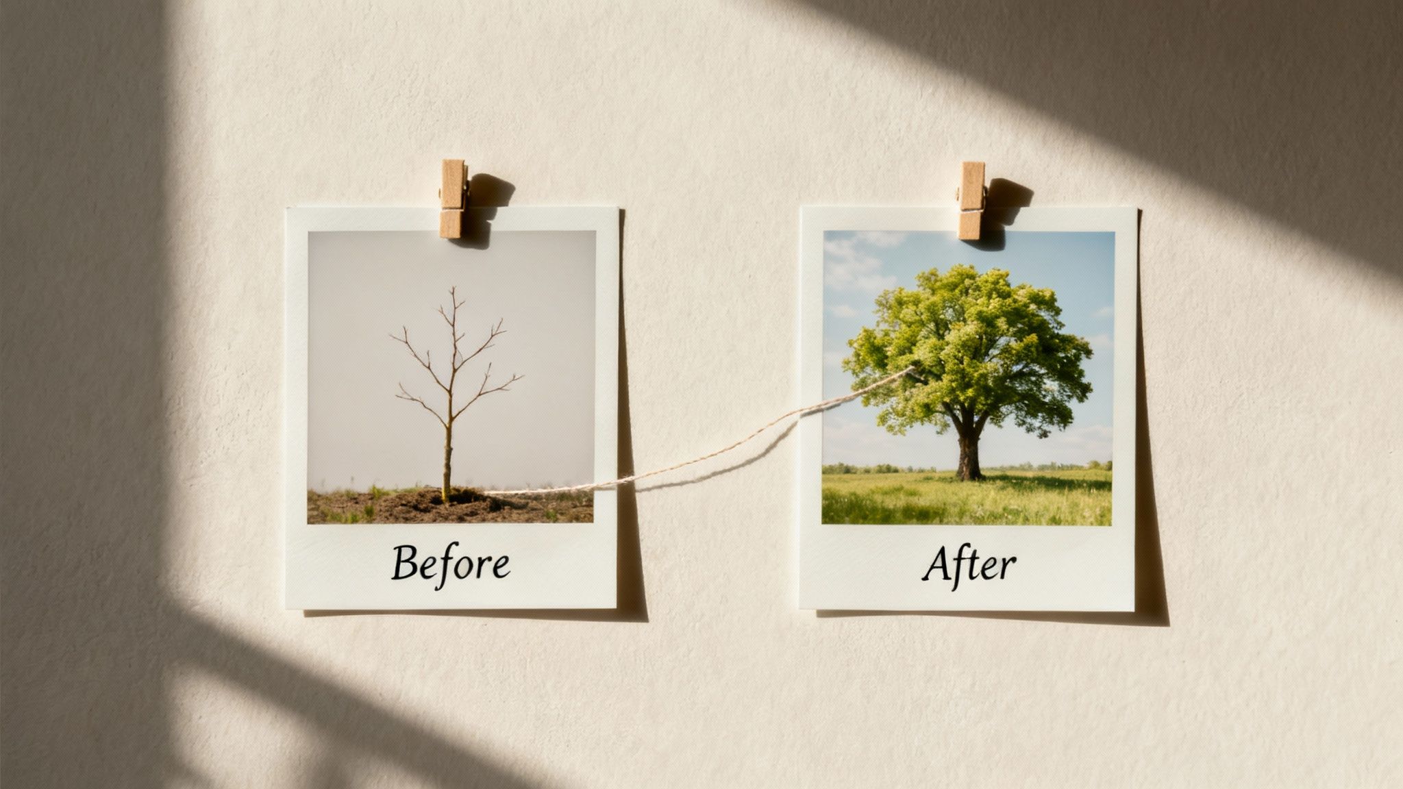 Two polaroid photos display a bare tree marked 'Before' and a thriving green tree marked 'After'.