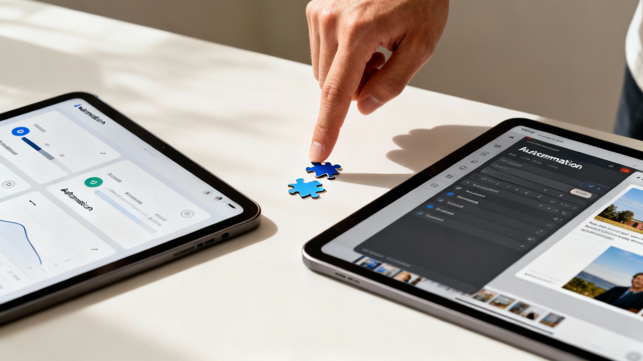 A hand points at two blue puzzle pieces positioned between two tablets showing automation applications.