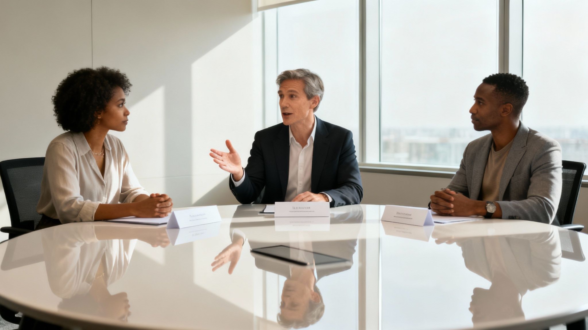 Three business professionals having strategic discussion around modern conference table in bright office