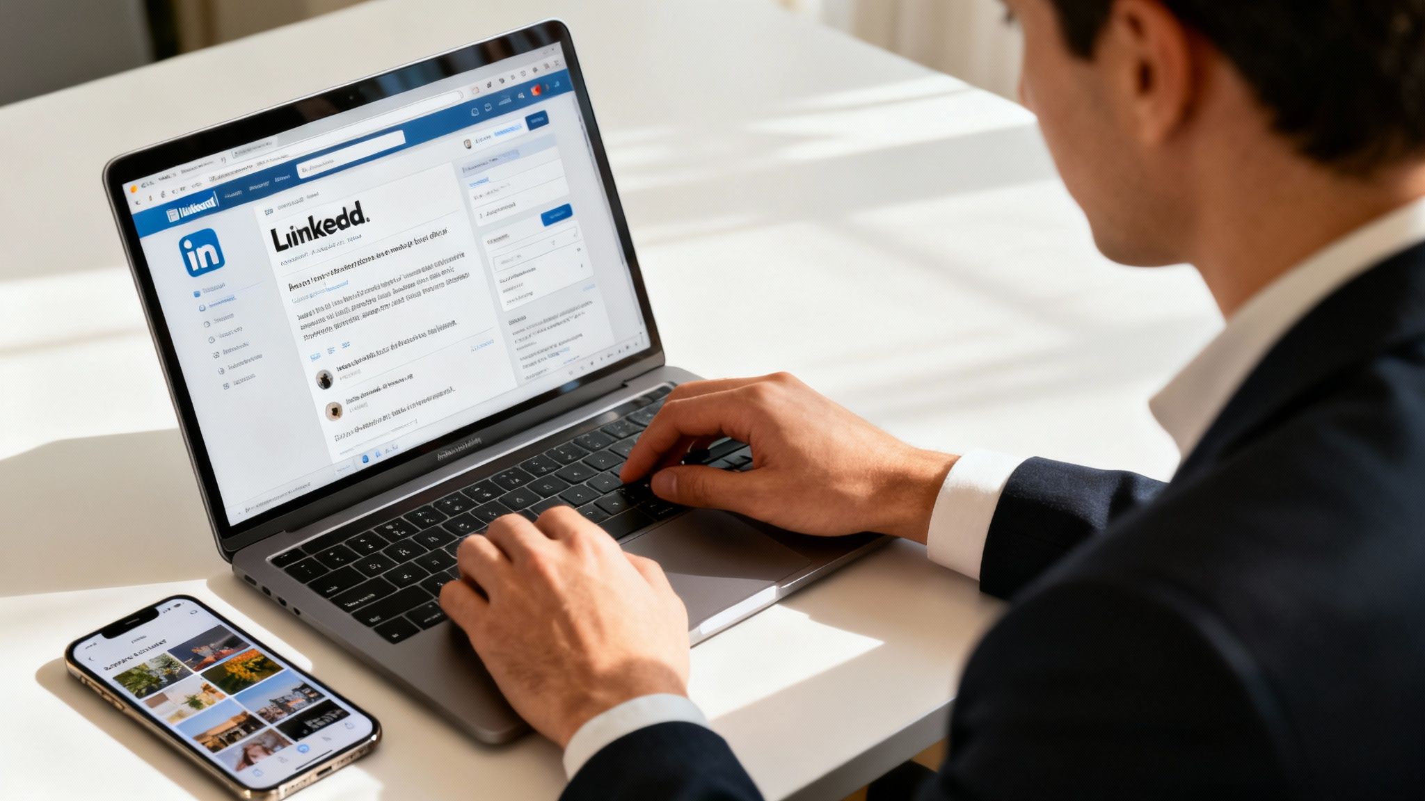 A man in a suit types on a laptop displaying a LinkedIn profile, with an iPhone nearby.