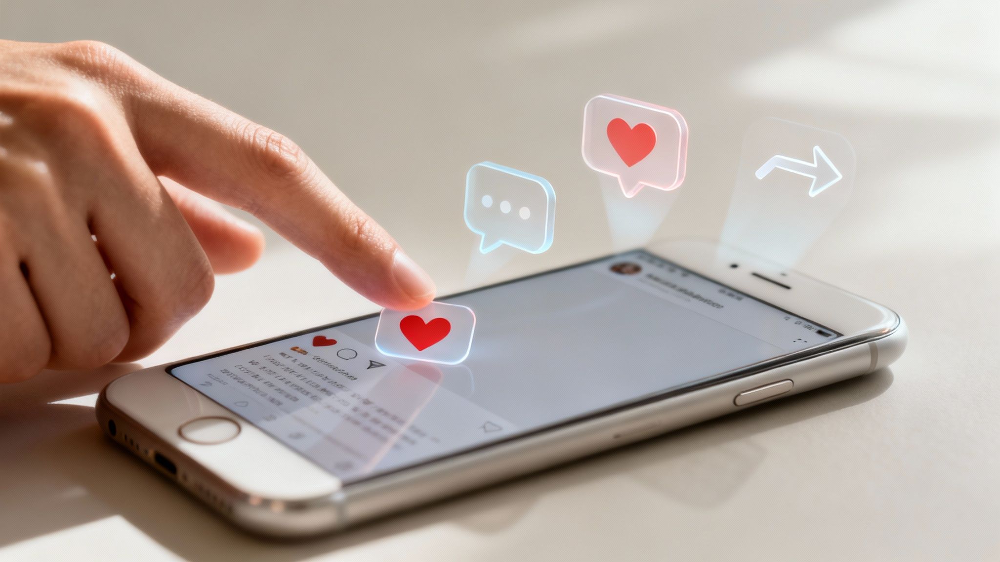 A hand touches a digital heart icon on a smartphone, surrounded by holographic social media engagement symbols.