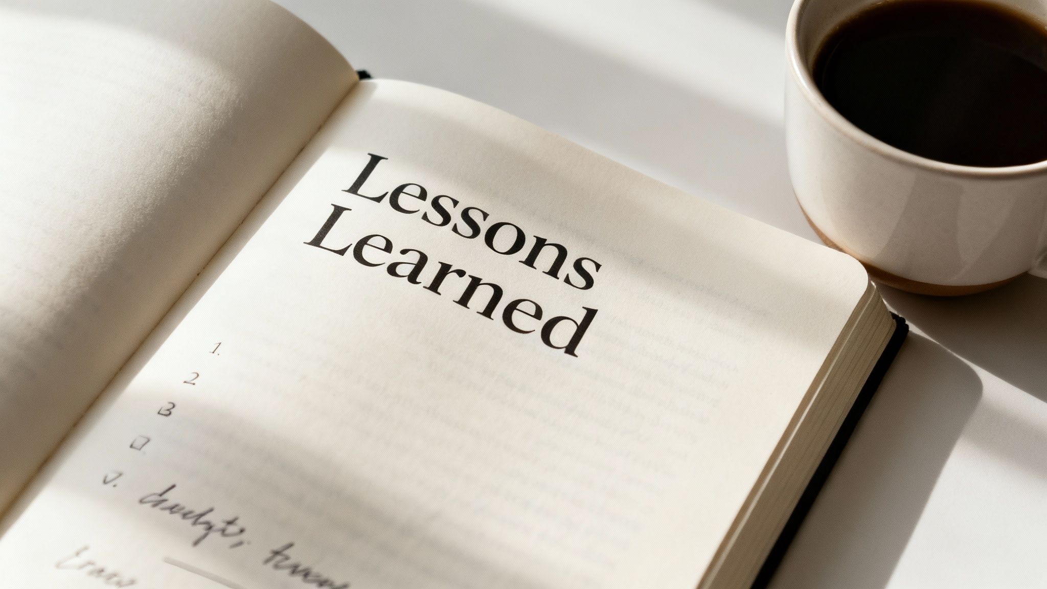 An open notebook titled 'Lessons Learned' with a numbered list and handwritten notes, next to a coffee cup.