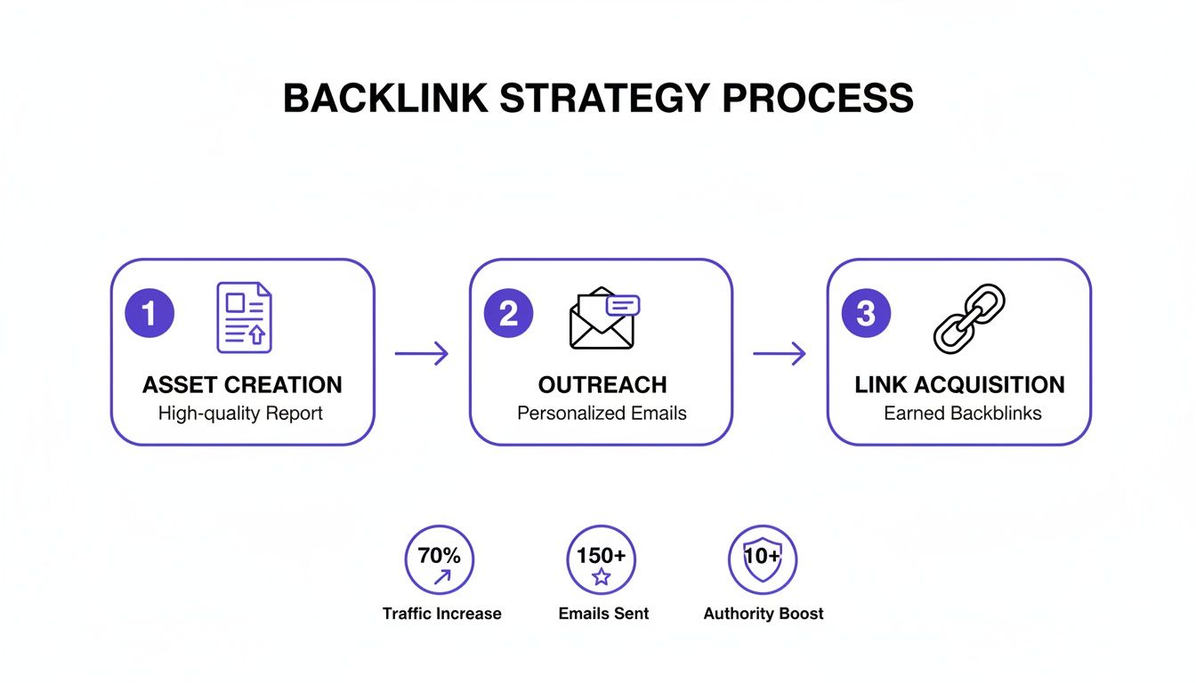 Infographic detailing a 3-step backlink strategy process: asset creation, outreach, and link acquisition, highlighting traffic increase and authority.
