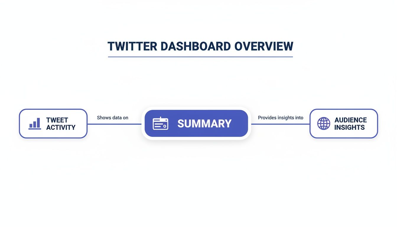 A Twitter Dashboard Overview diagram shows the flow from tweet activity to summary and audience insights.