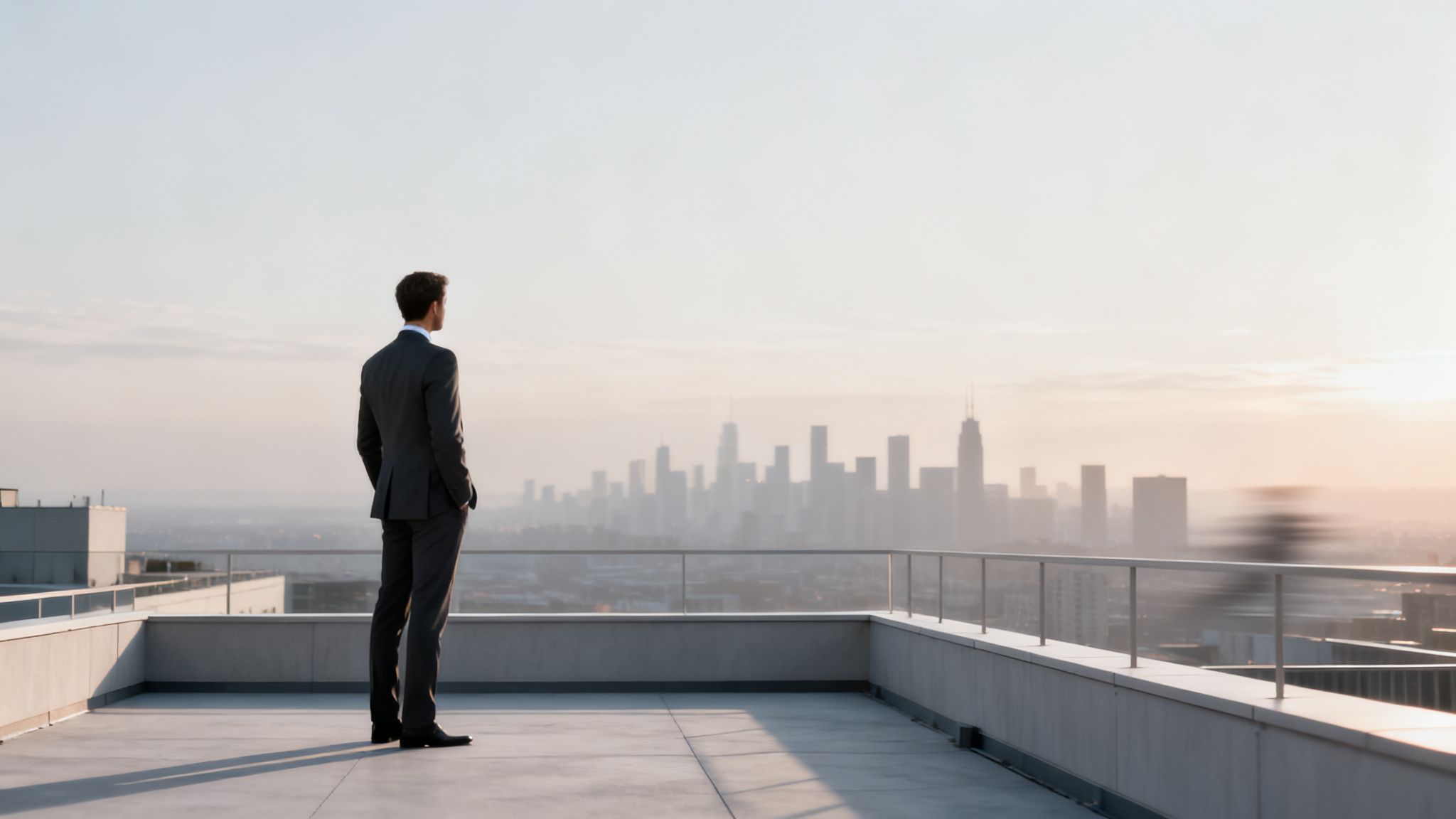 A businessman in a suit stands on a rooftop overlooking a hazy city skyline at dawn.