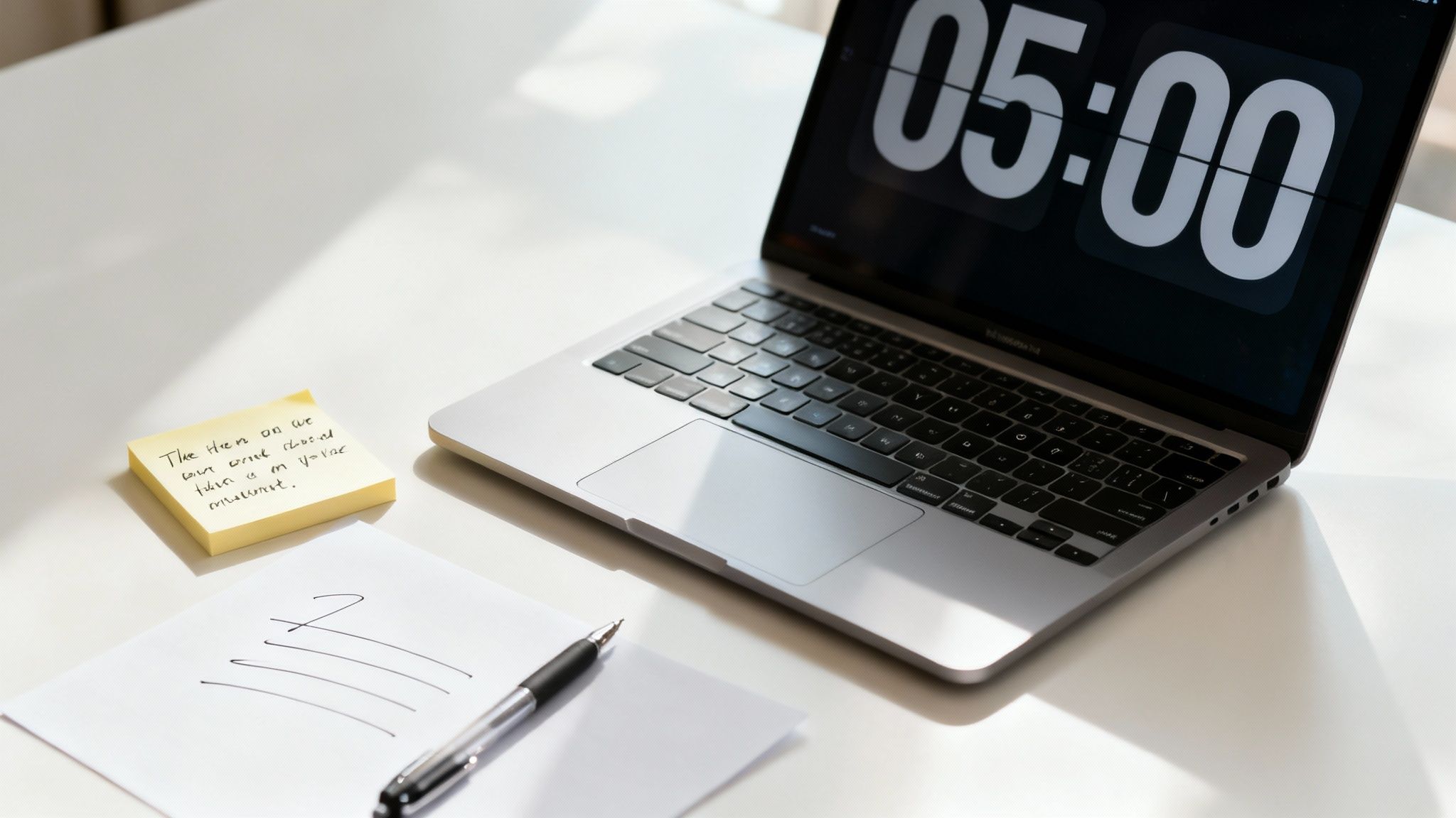 A person's hands typing on a laptop, surrounded by a cup of coffee and a notebook