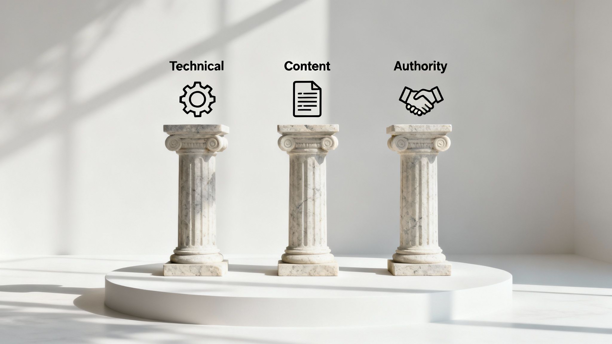 Three white marble pillars representing Technical, Content, and Authority with relevant icons, on a white platform.