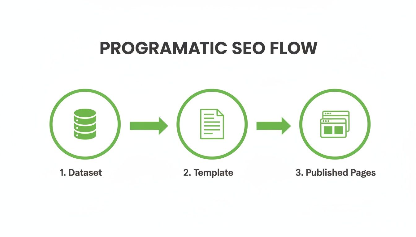 A diagram illustrates the programmatic SEO flow from a dataset to a template and then to published pages.