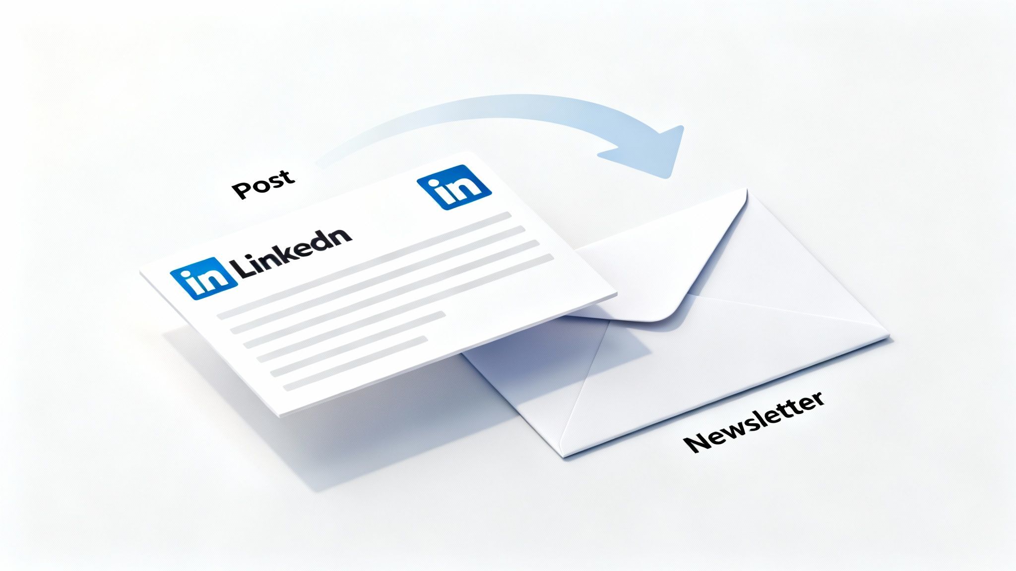 A LinkedIn post transforming into an email newsletter, illustrating content repurposing with an arrow.
