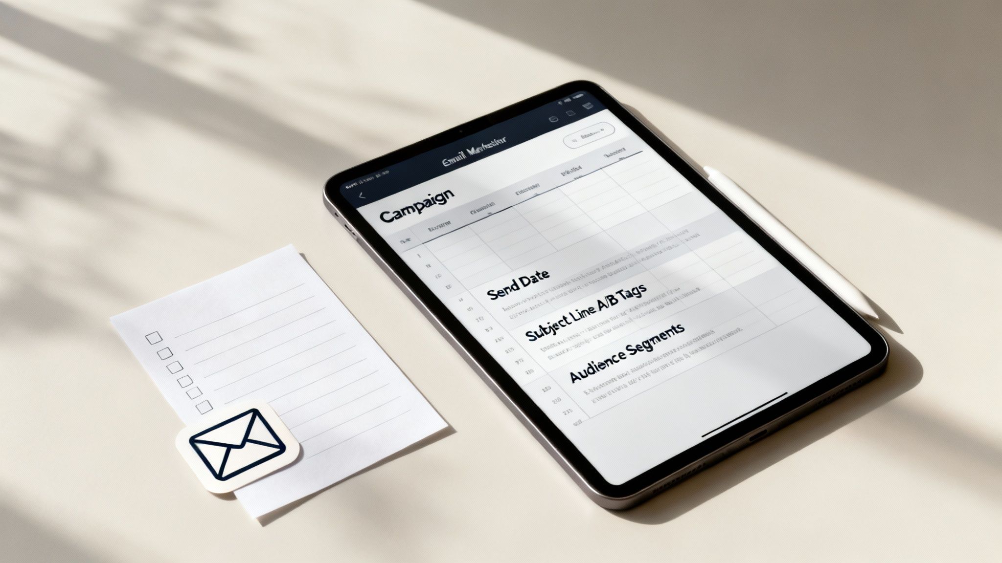 A tablet shows an email marketing content calendar with send dates and subject line tags.