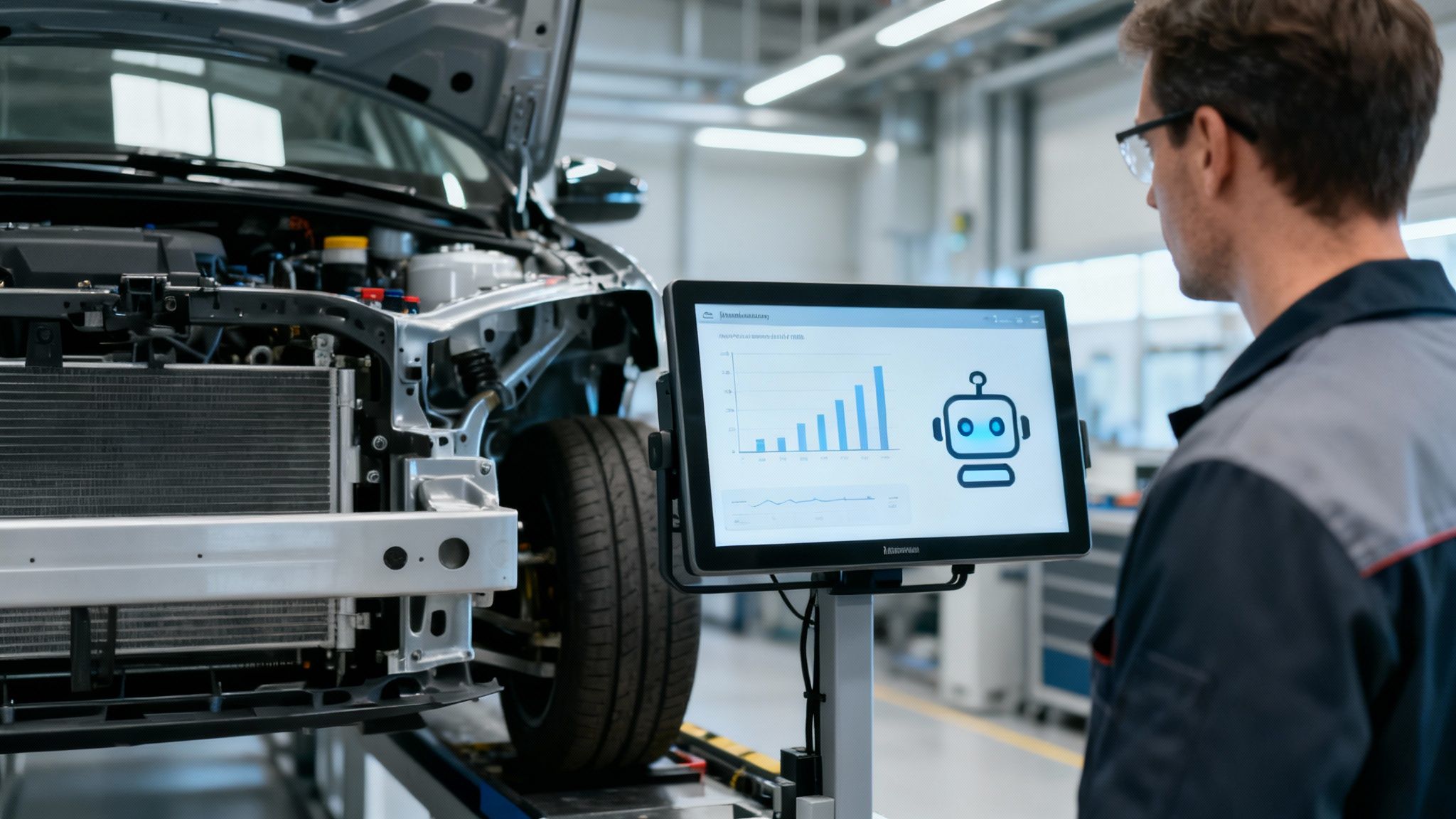 Techniker überprüft einen digitalen Bildschirm mit Grafiken und einem Roboter‑Symbol neben einem teilmontierten Auto.