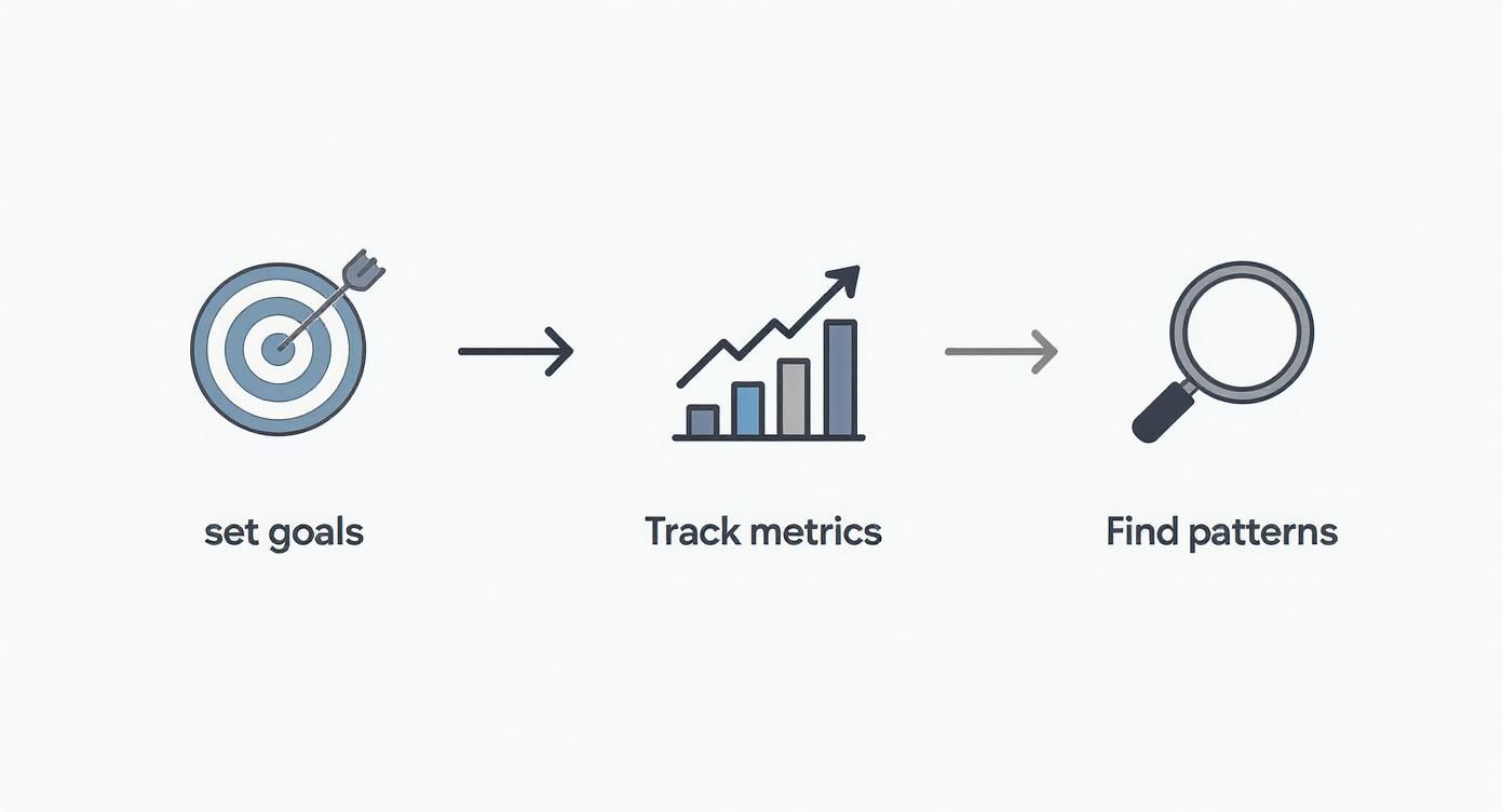 Three step process flowchart showing set goals, track metrics, and find patterns for content analysis