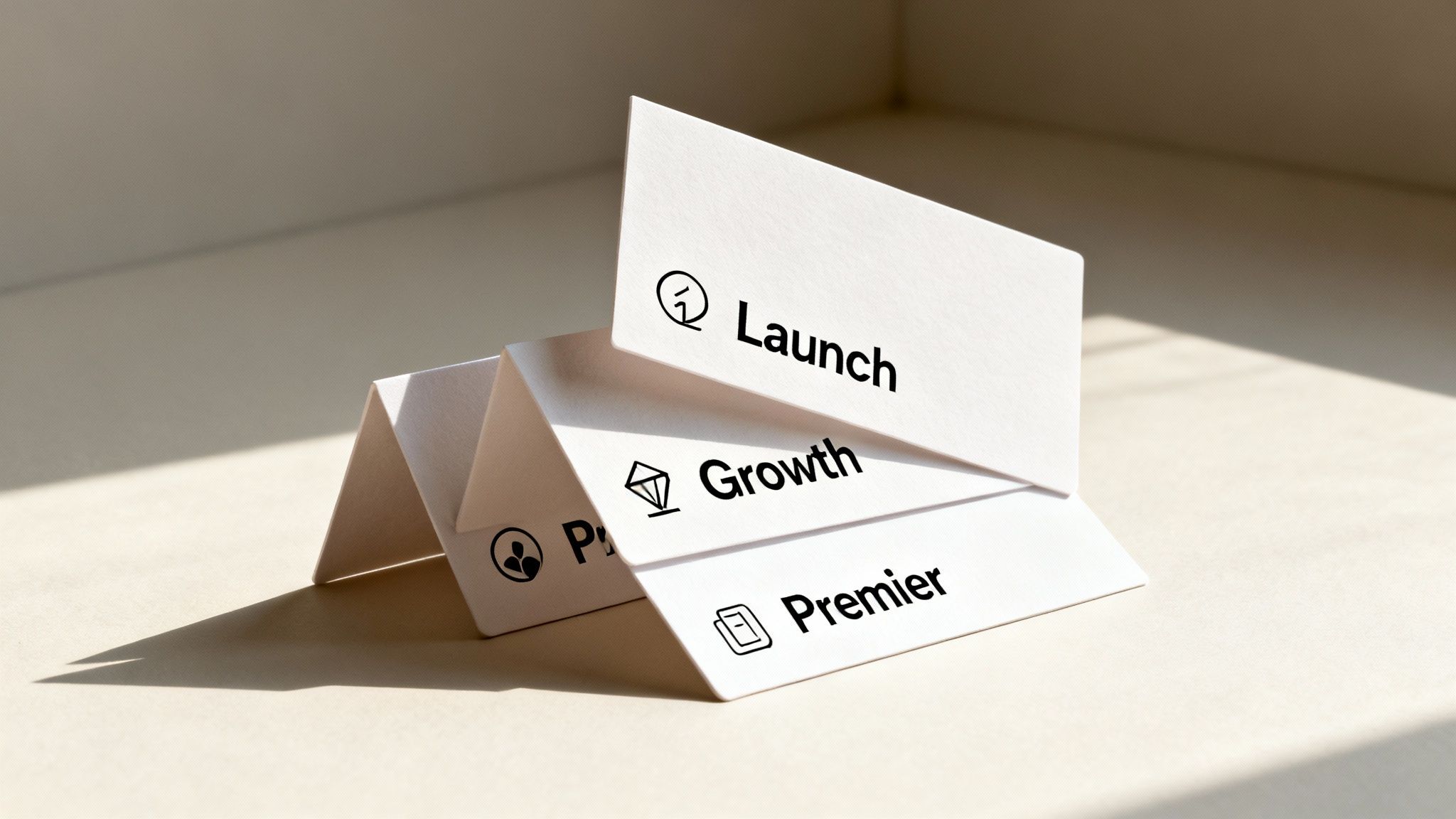 A folded paper displays business stages: Launch, Growth, Premier, with corresponding icons on a light background.