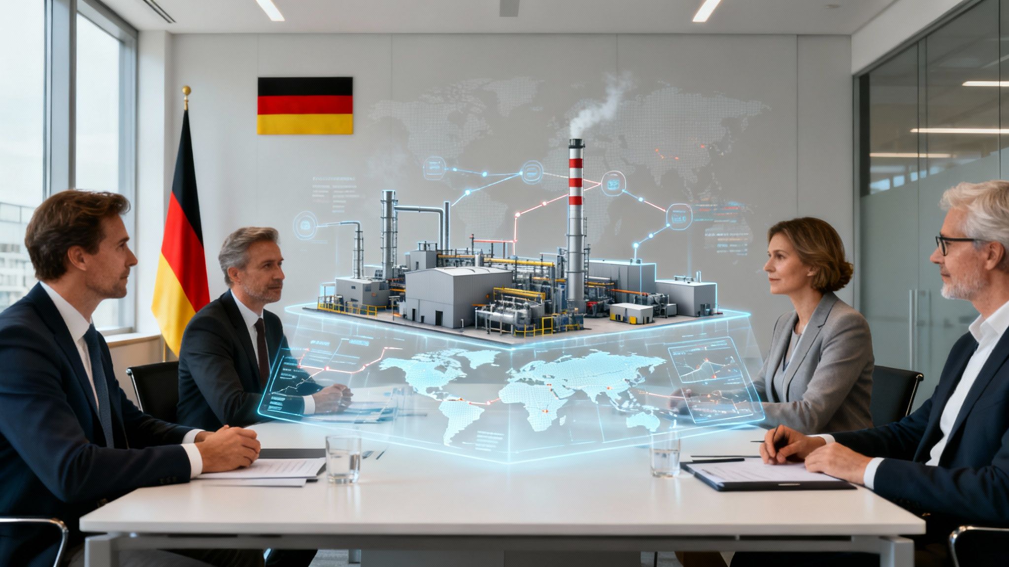 Vier Fachleute in einem Besprechungsraum diskutieren eine holografische Industrieanlage und ein globales Netzwerk.