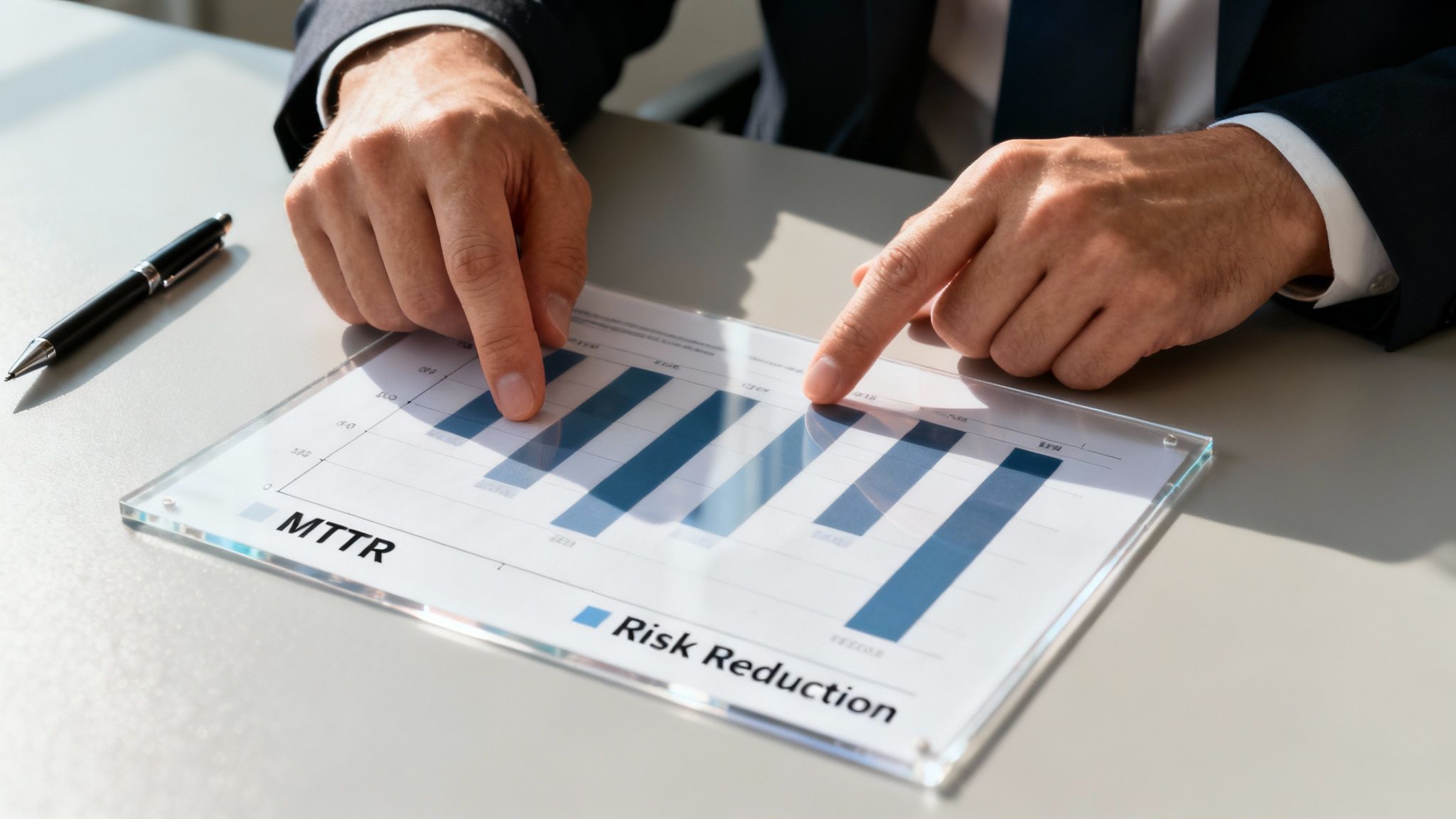 Businessman's hands pointing at a transparent bar graph displaying MTTR and risk reduction data.