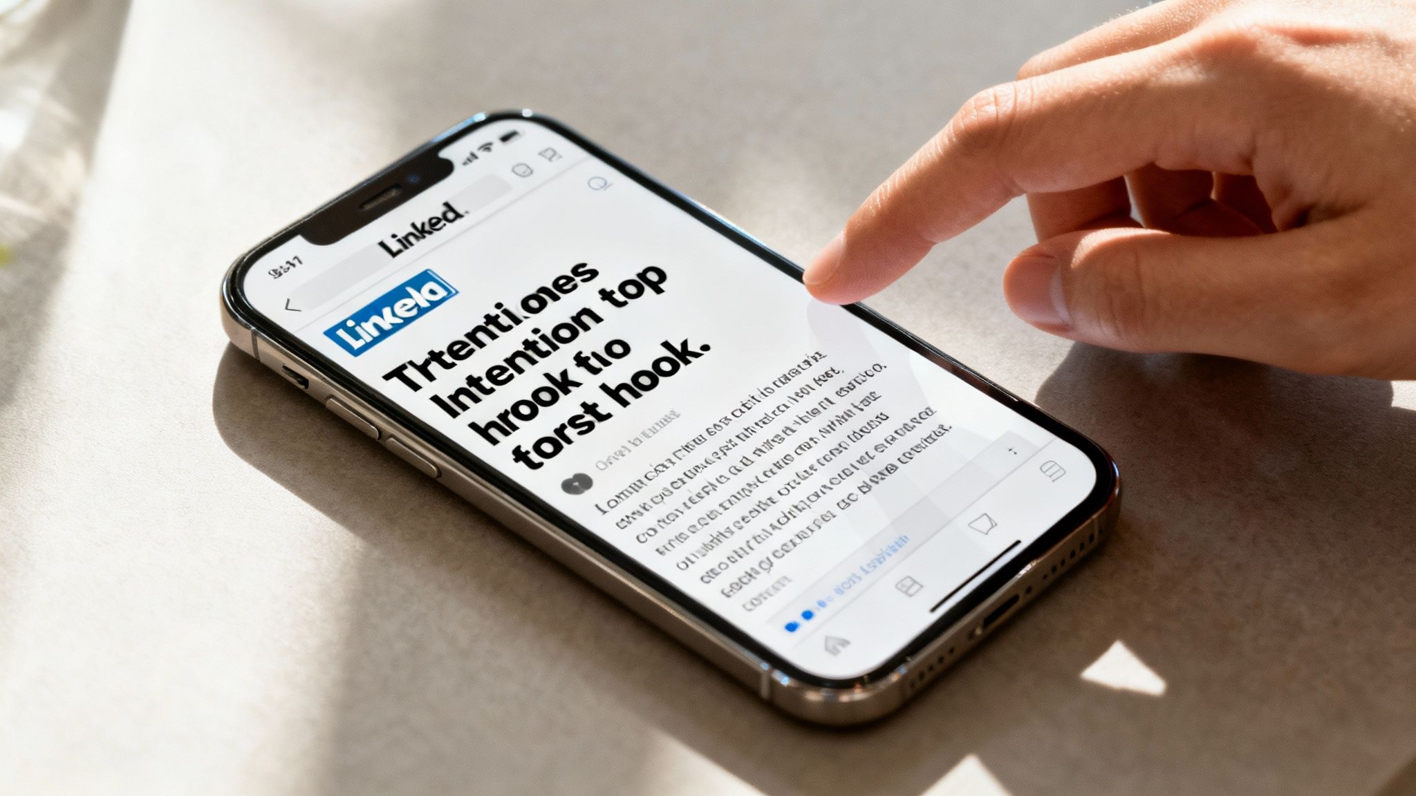 A close-up of a person's thumb scrolling quickly through a social media feed on a smartphone, with one post standing out.