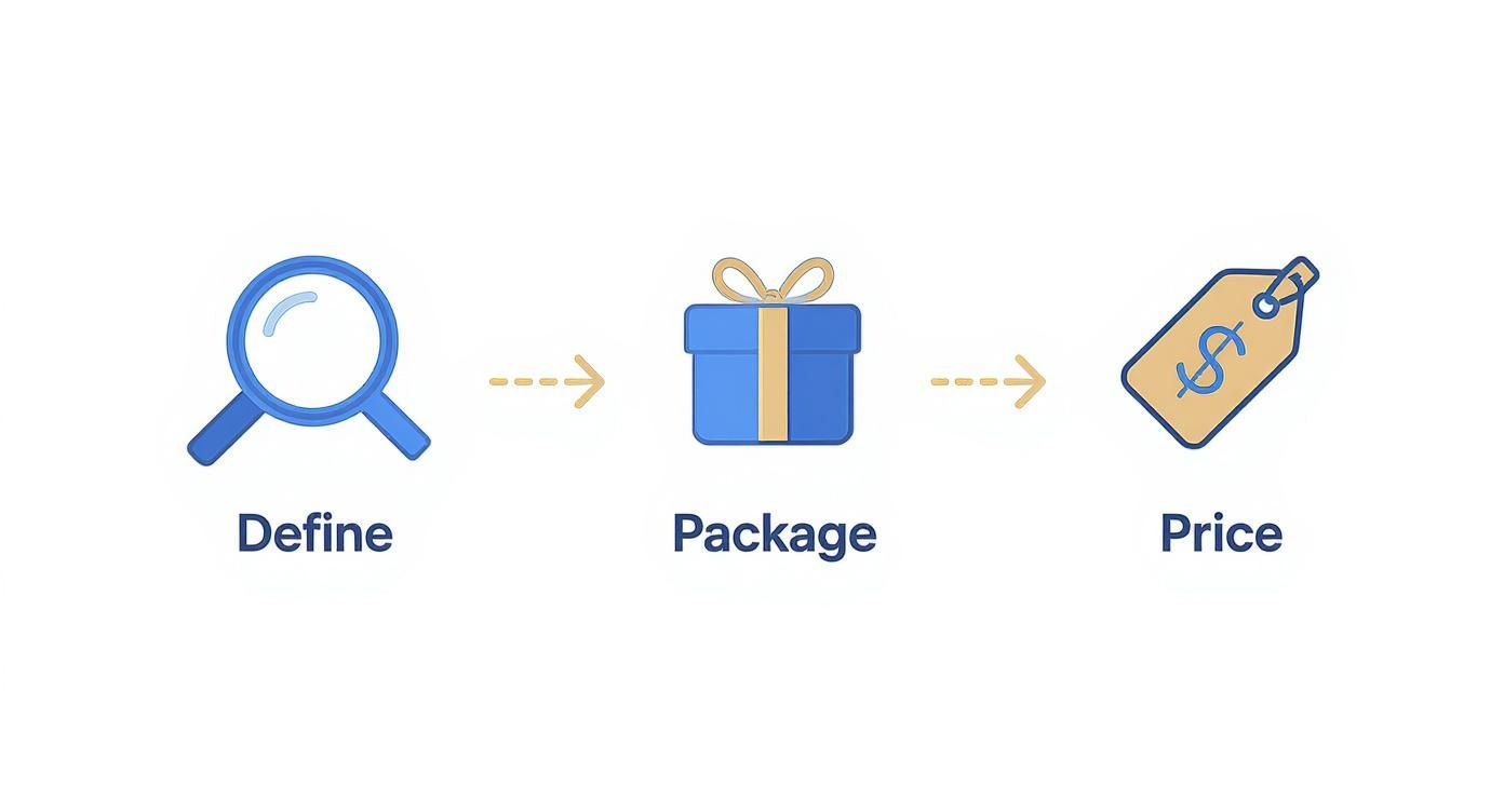 A graphic illustrates a three-step process: Define (magnifying glass), Package (gift box), and Price (price tag).