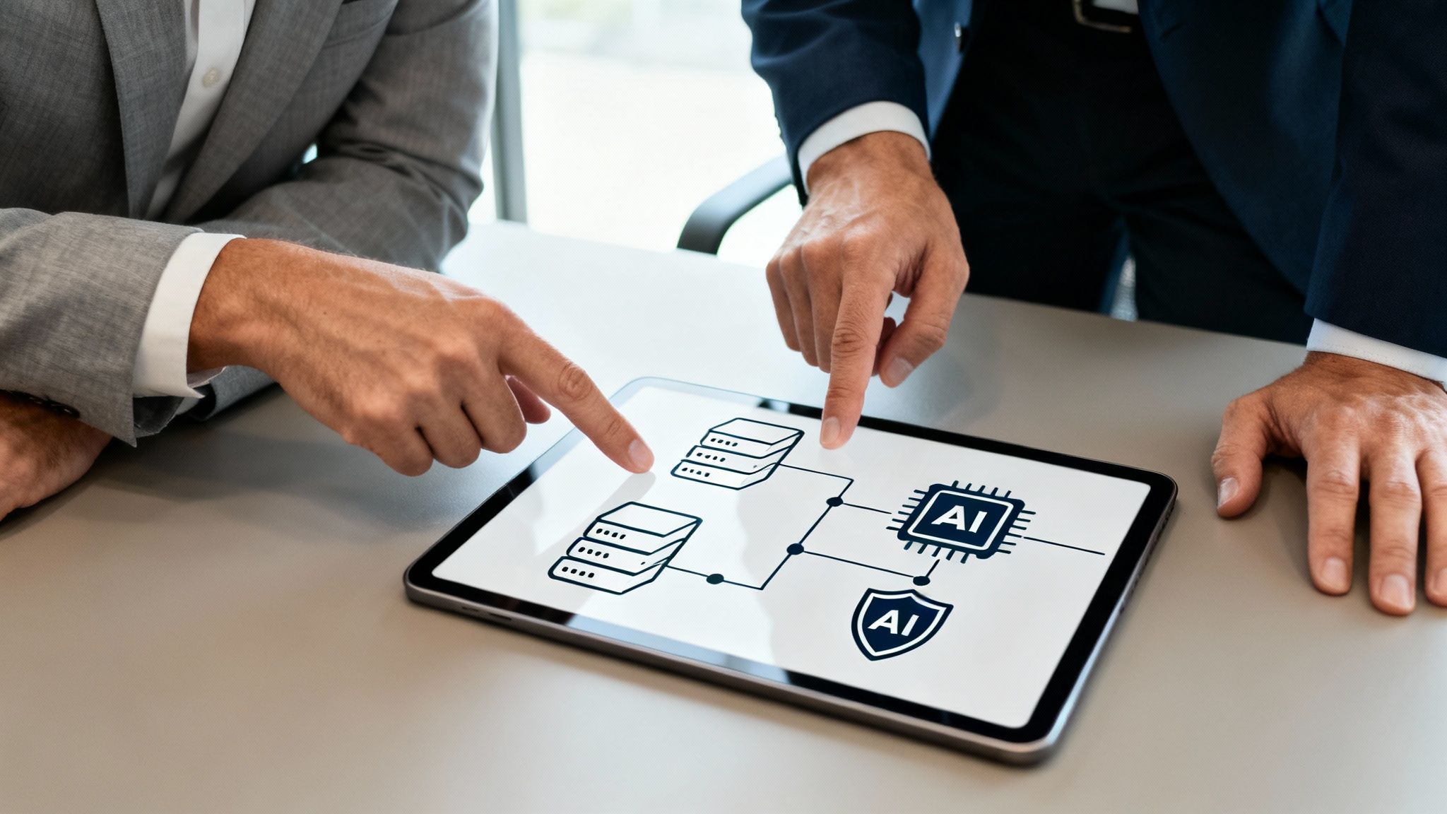 Two businessmen discussing a data and AI diagram on a tablet during a consultation.
