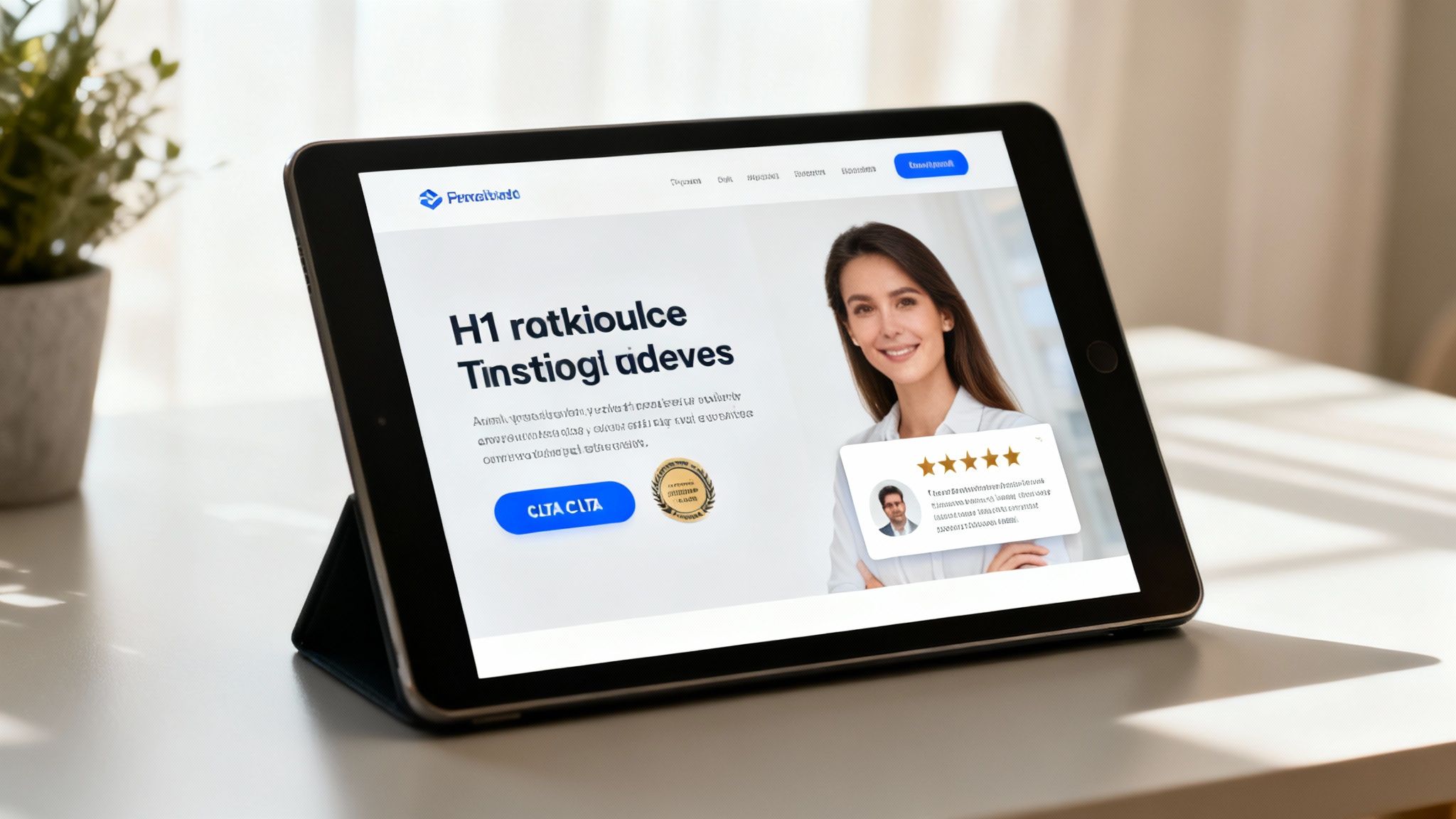 Ein Tablet zeigt eine helle Landing Page mit einer lächelnden Frau, Headline, Call-to-Action und einem Kunden-Testimonial.