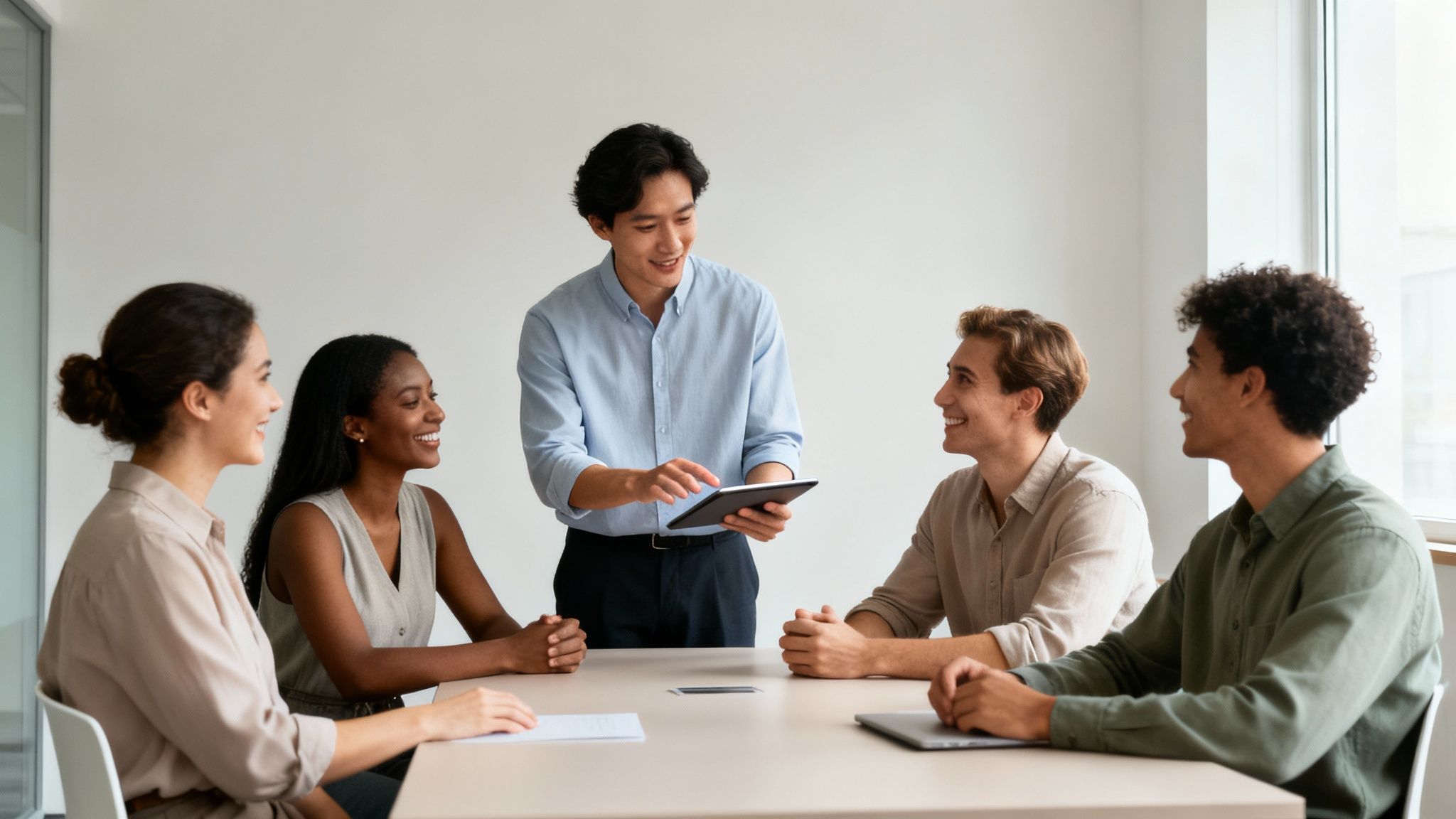 Diverse young professionals in a modern office meeting, discussing content on a digital tablet.