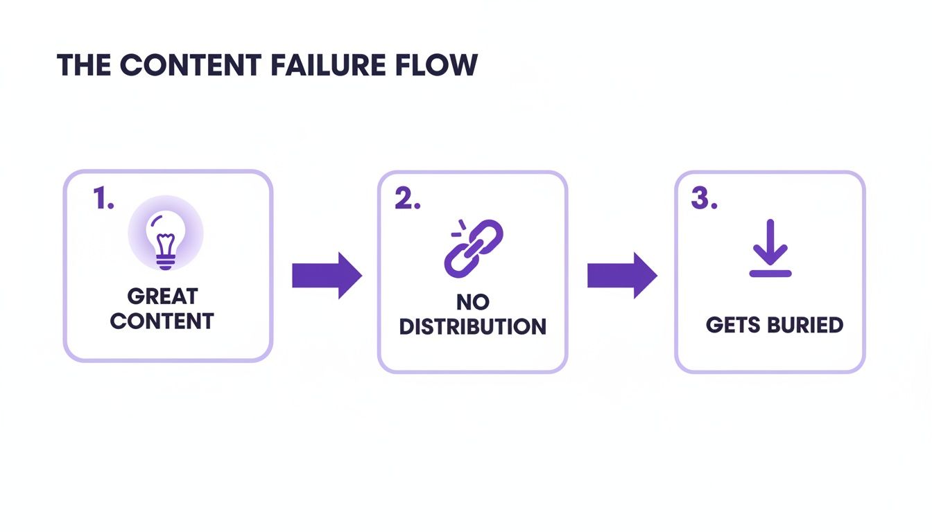 Diagram illustrating the content failure flow: great content, no distribution, ultimately gets buried.