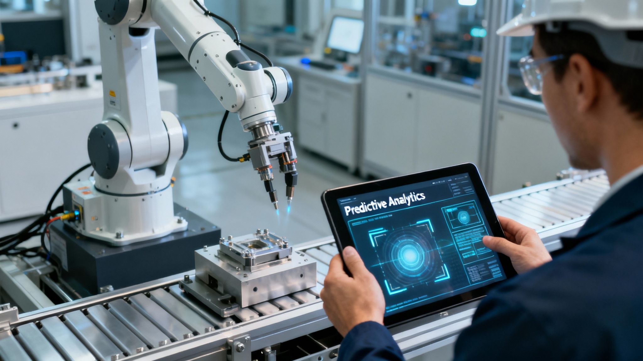Ein Ingenieur nutzt ein Tablet mit prädiktiver Analytik neben einem Roboterarm in einer automatisierten Fabrik.