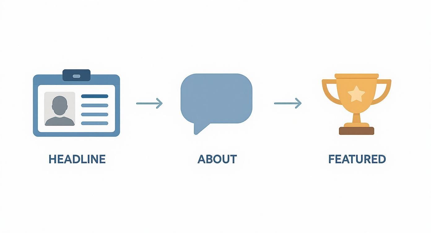 A diagram showing three profile sections: Headline (ID card), About (speech bubble), and Featured (trophy).
