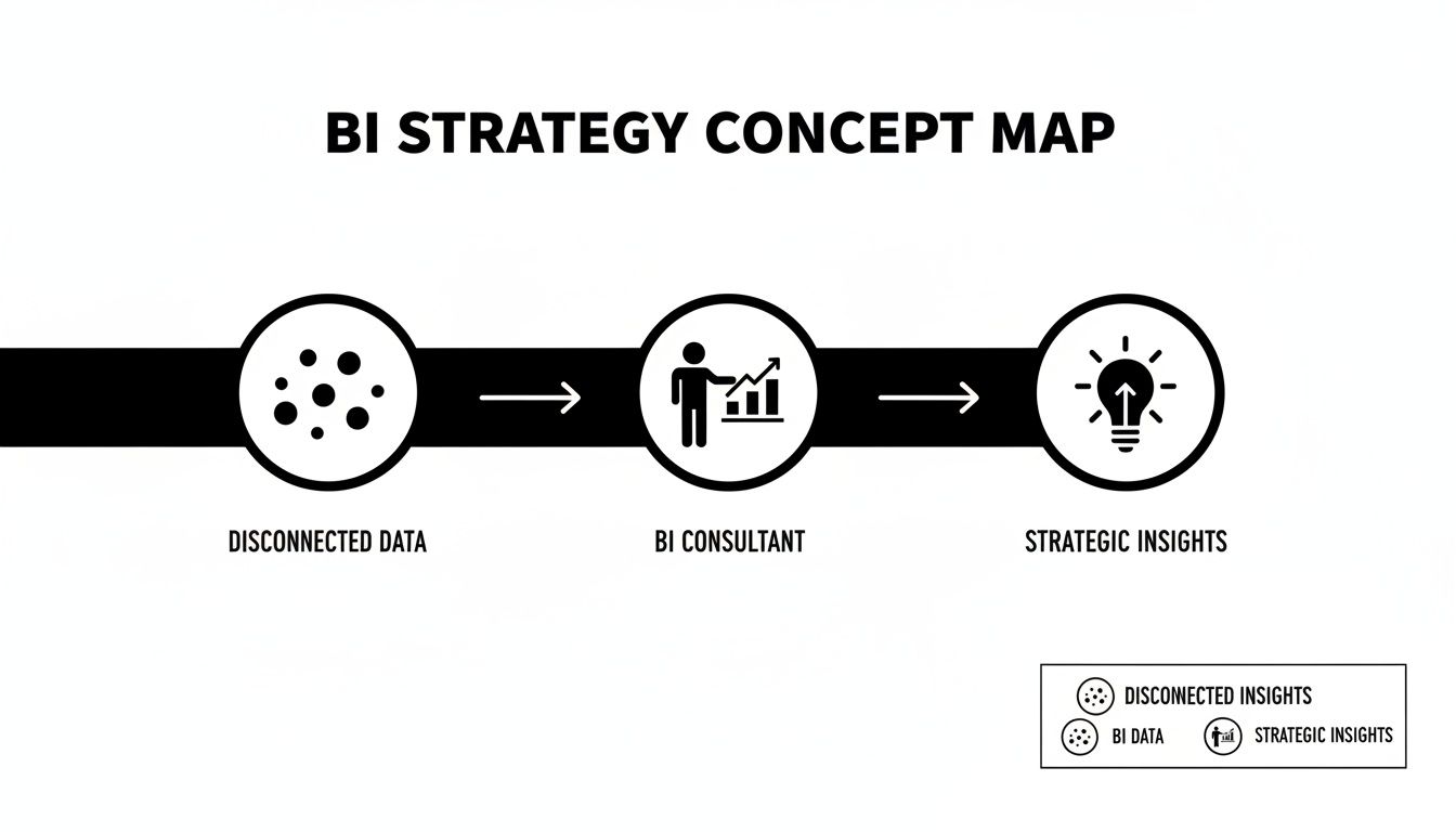 Ein BI-Strategiekonzept, das den Prozess von getrennten Daten zu strategischen Erkenntnissen mit einem Consultant zeigt.