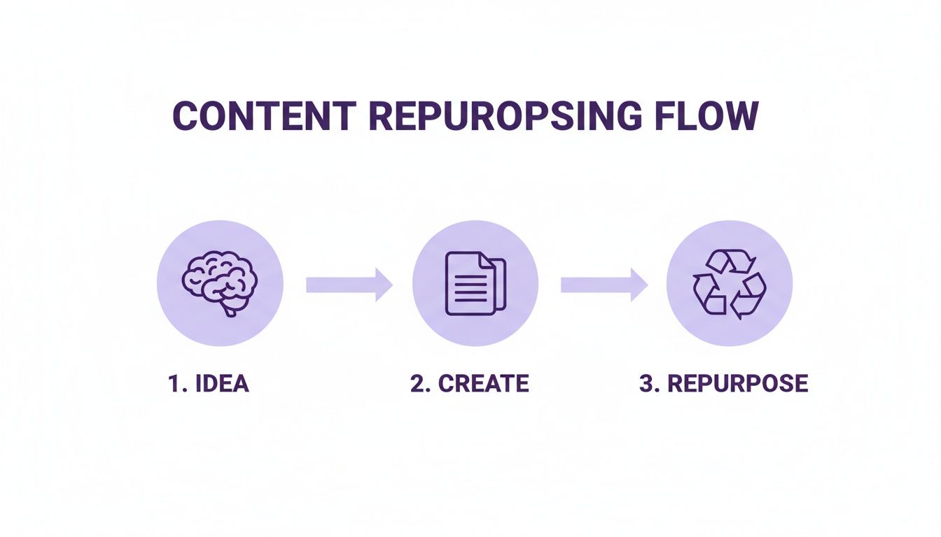 A content repurposing flow diagram with steps: 1. Idea (brain), 2. Create (documents), 3. Repurpose (recycle).