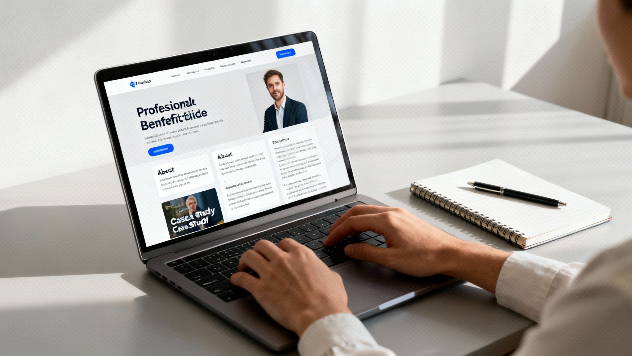 A person typing on a laptop displaying a professional website, with a notebook and pen nearby.