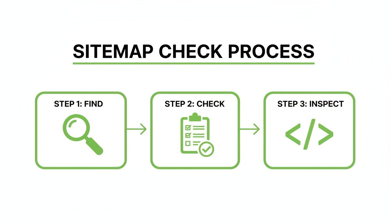 An illustrative diagram outlining the three steps of a sitemap check process: find, check, inspect.