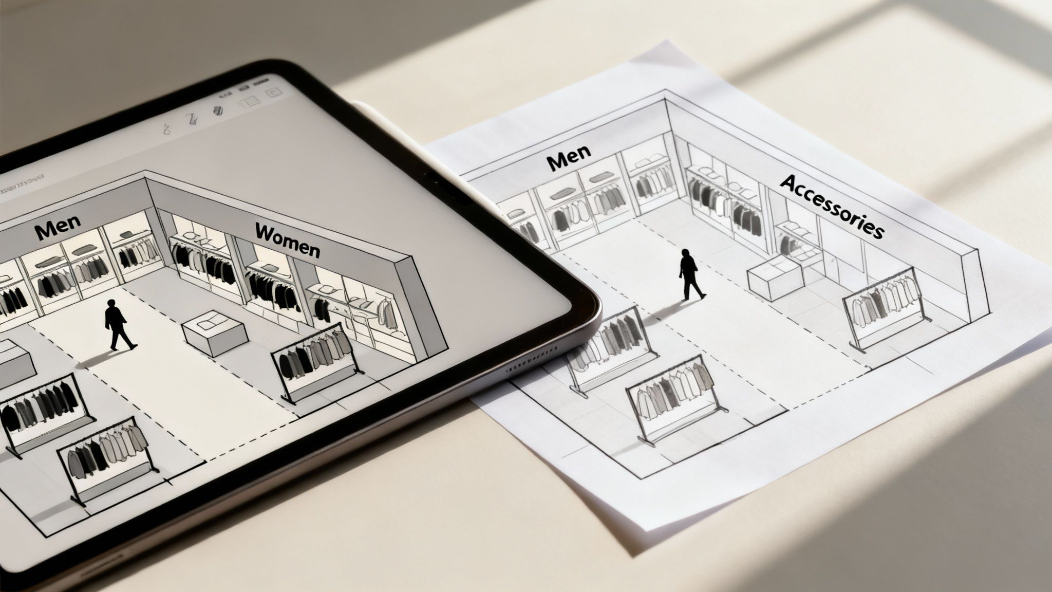 A digital tablet and paper display a hand-drawn floor plan sketch of a clothing store layout.
