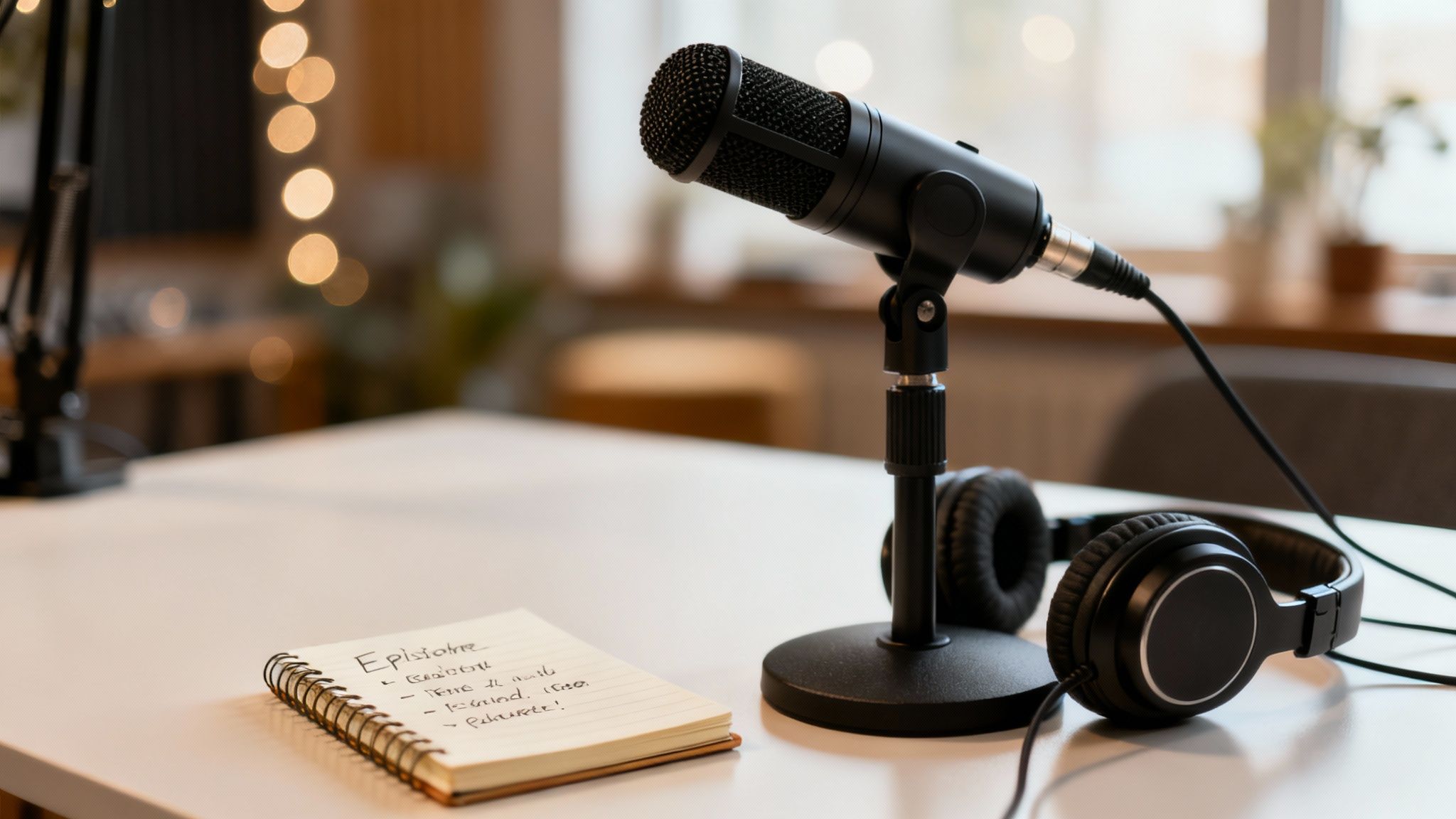 Professional podcast recording setup with microphone, headphones, and notebook on desk for content creation