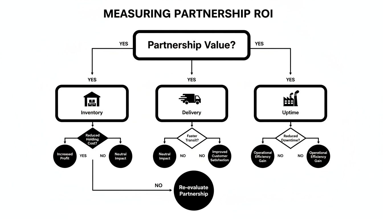 Flowchart illustrating how to measure partnership ROI by assessing impact on inventory, delivery, and uptime.
