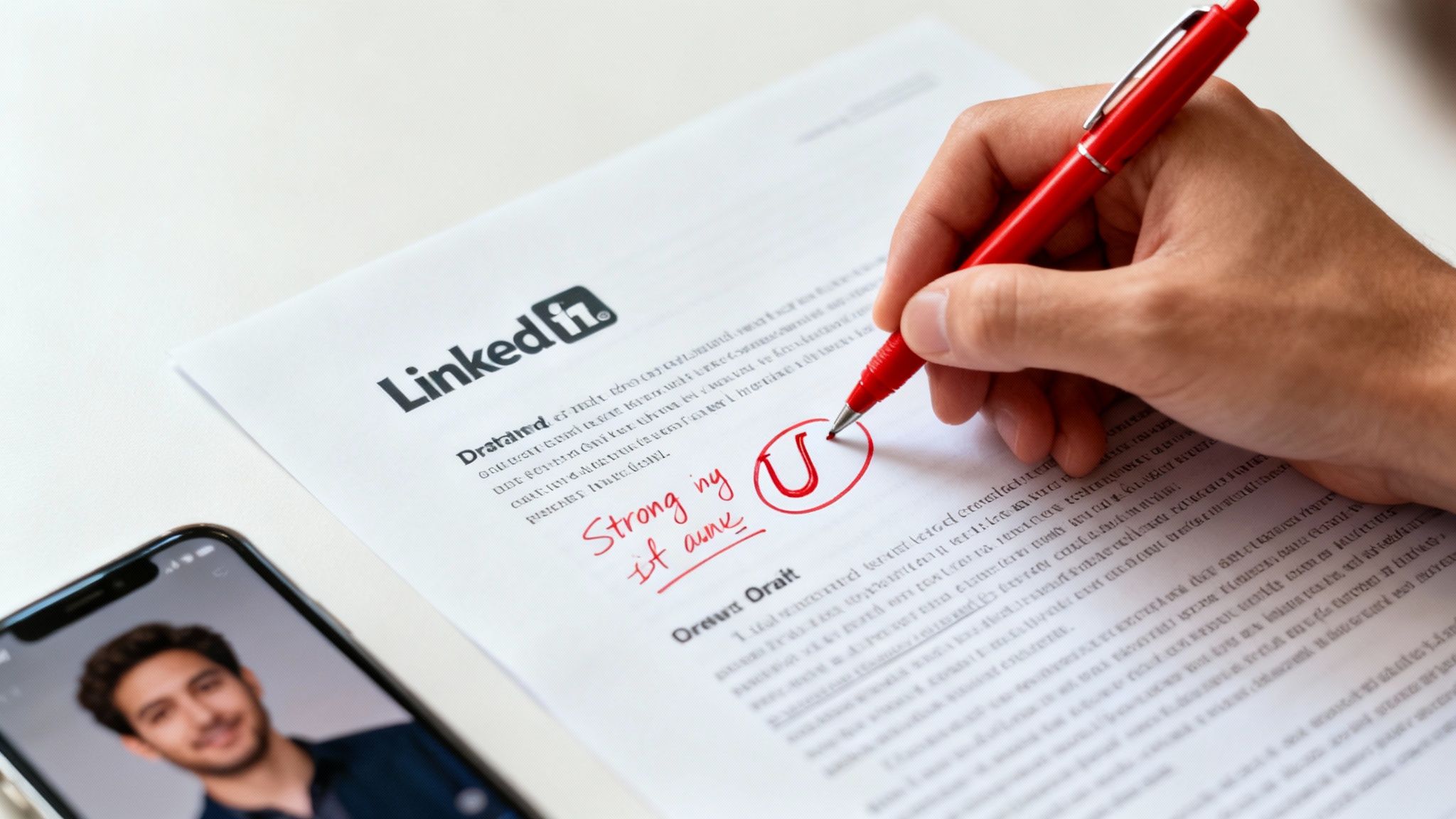 A hand holds a red pen, marking a LinkedIn document next to a smartphone with a profile picture.