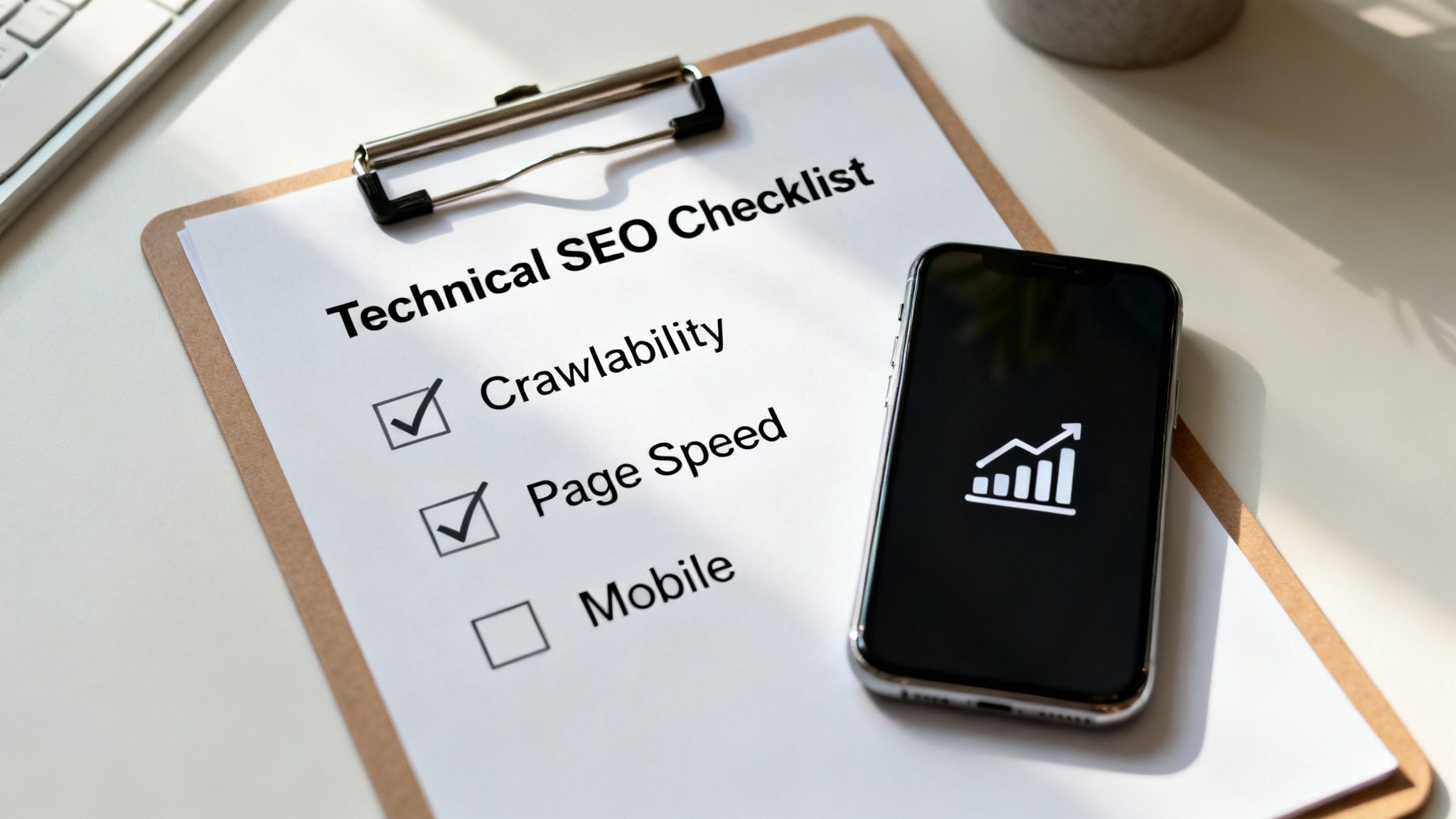 Technical SEO Checklist on a clipboard with 'Crawlability' and 'Page Speed' checked, beside a phone showing a growth graph.