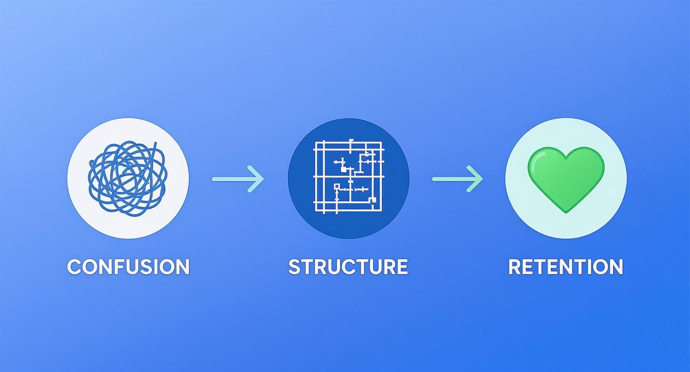 A three-step process showing confusion (tangled lines) transforming into structure (blueprint) and leading to retention (heart).