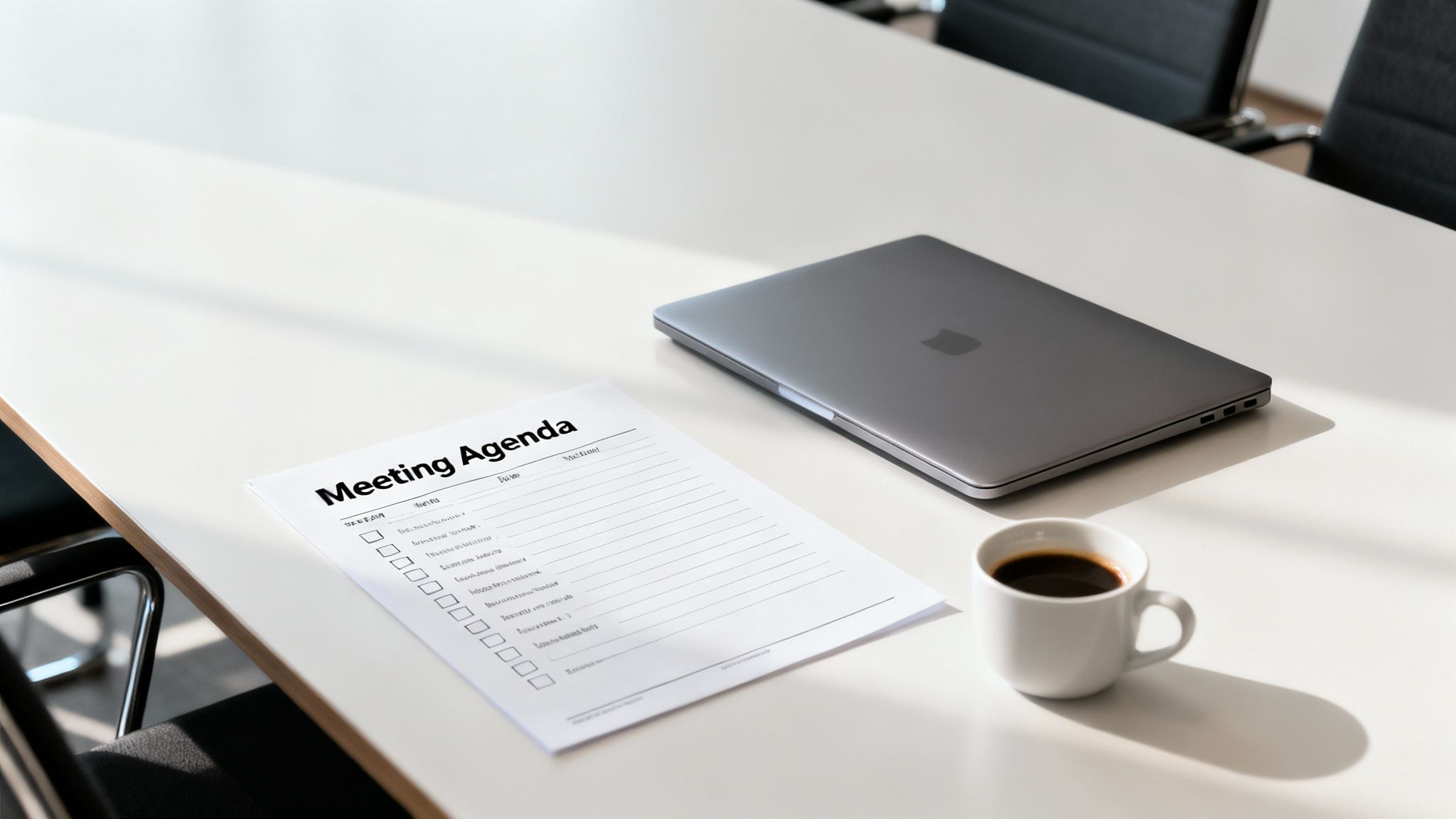 Professional meeting agenda document on white desk with laptop and coffee cup