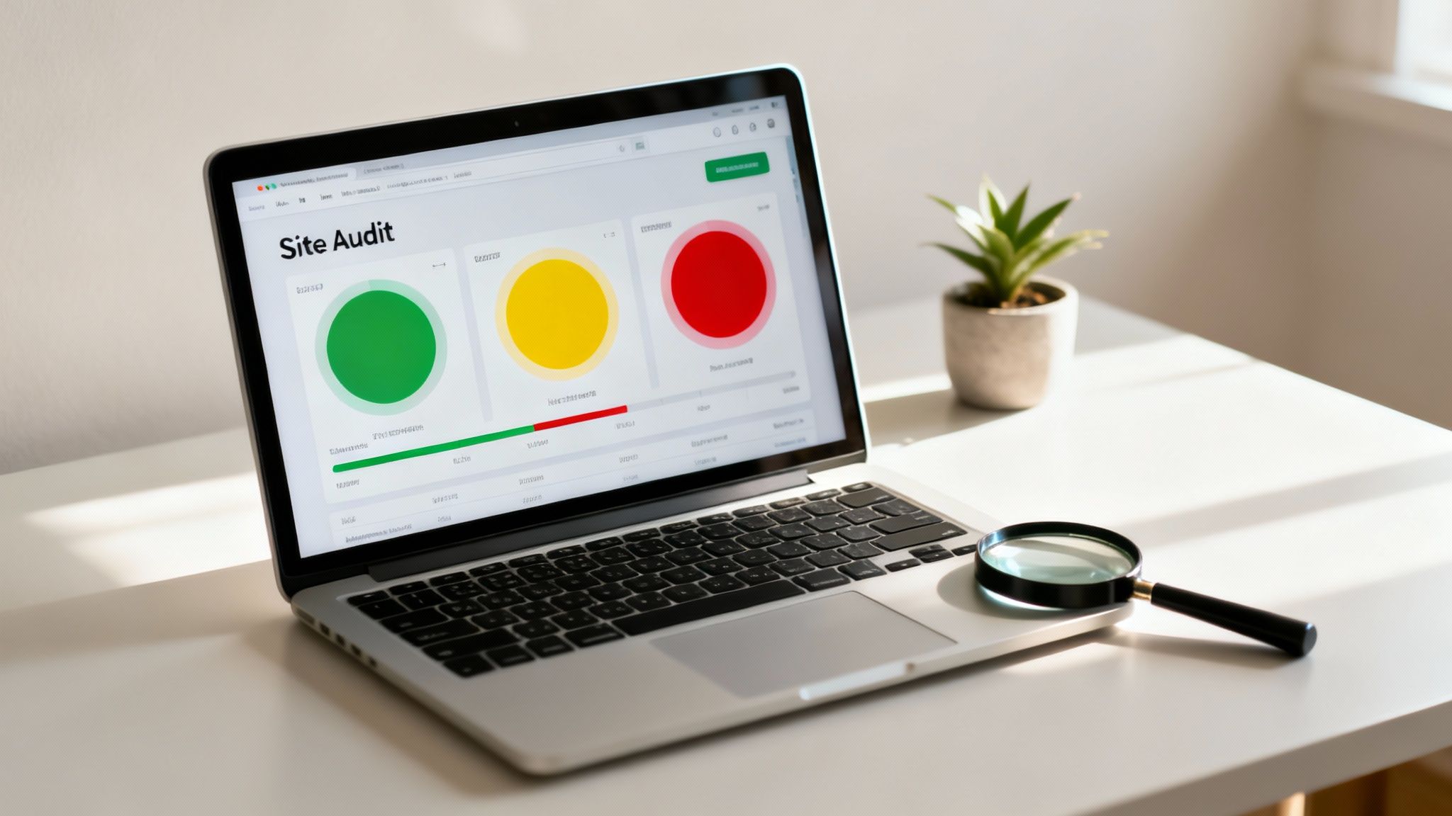 A laptop on a white desk displays a site audit dashboard with performance metrics, a magnifying glass nearby.