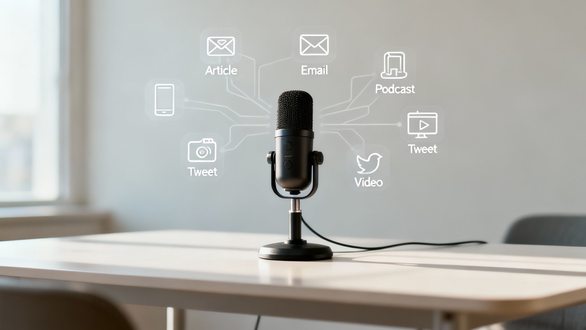 A black microphone on a white table, surrounded by icons for article, email, podcast, tweet, and video content.