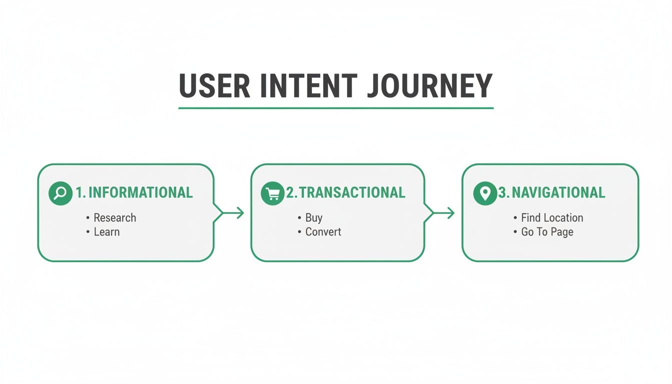 Diagram illustrating the user intent journey with informational, transactional, and navigational stages.