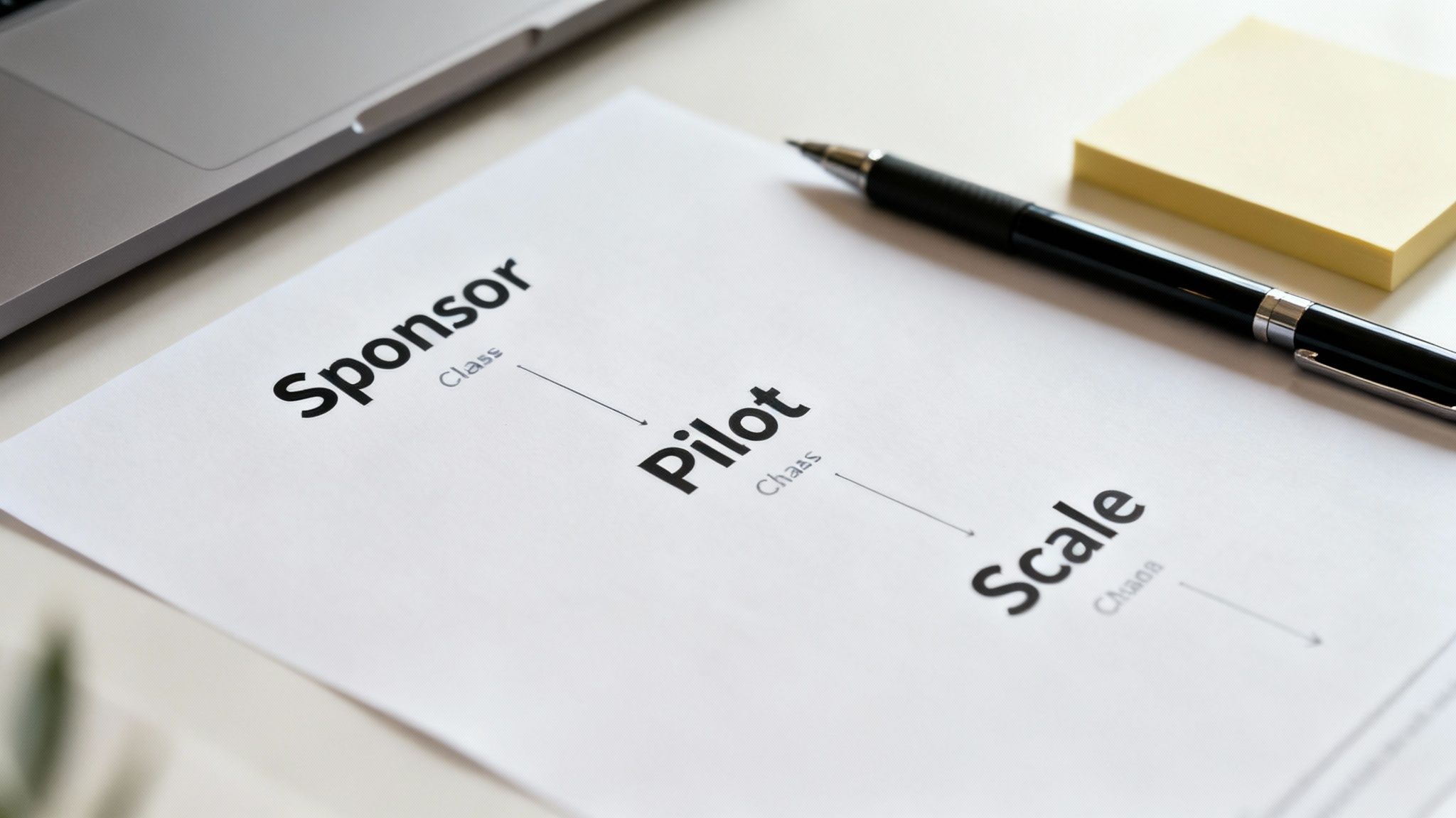 A document displaying project stages: Sponsor, Pilot, Scale, with a pen and laptop.
