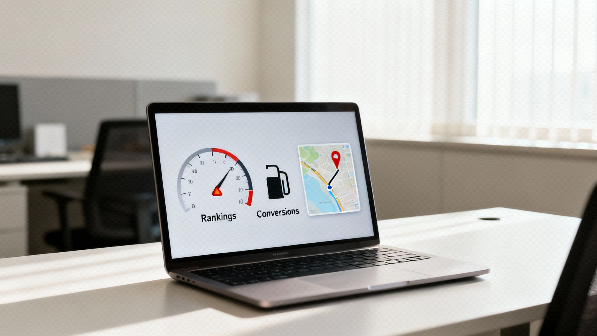 Laptop screen displaying SEO performance metrics including rankings, conversions, and a location map.