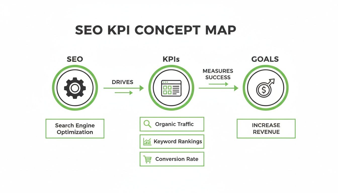 SEO KPI concept map illustrating how SEO drives organic traffic, keyword rankings, and conversion rate to increase revenue.