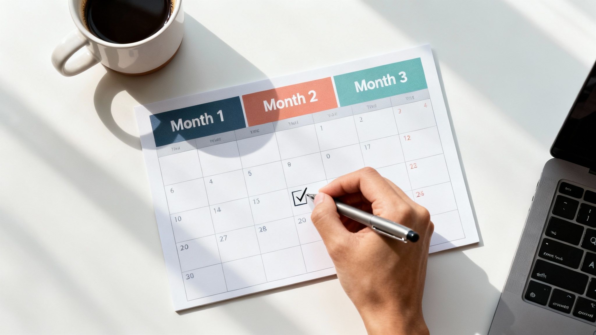 A hand marks a check on a calendar for month two, with coffee and a laptop nearby.