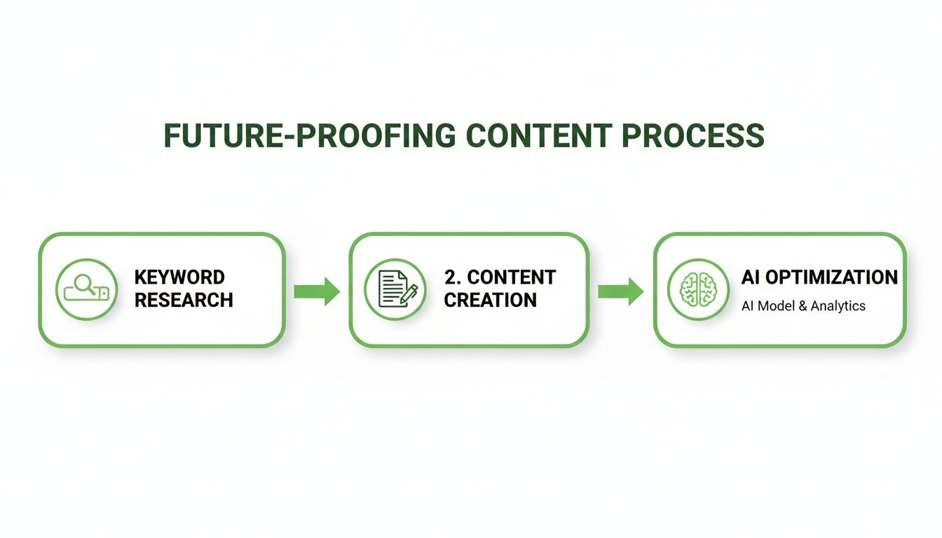 A visual diagram illustrating a three-step content process: Keyword Research, Content Creation, and AI Optimization.