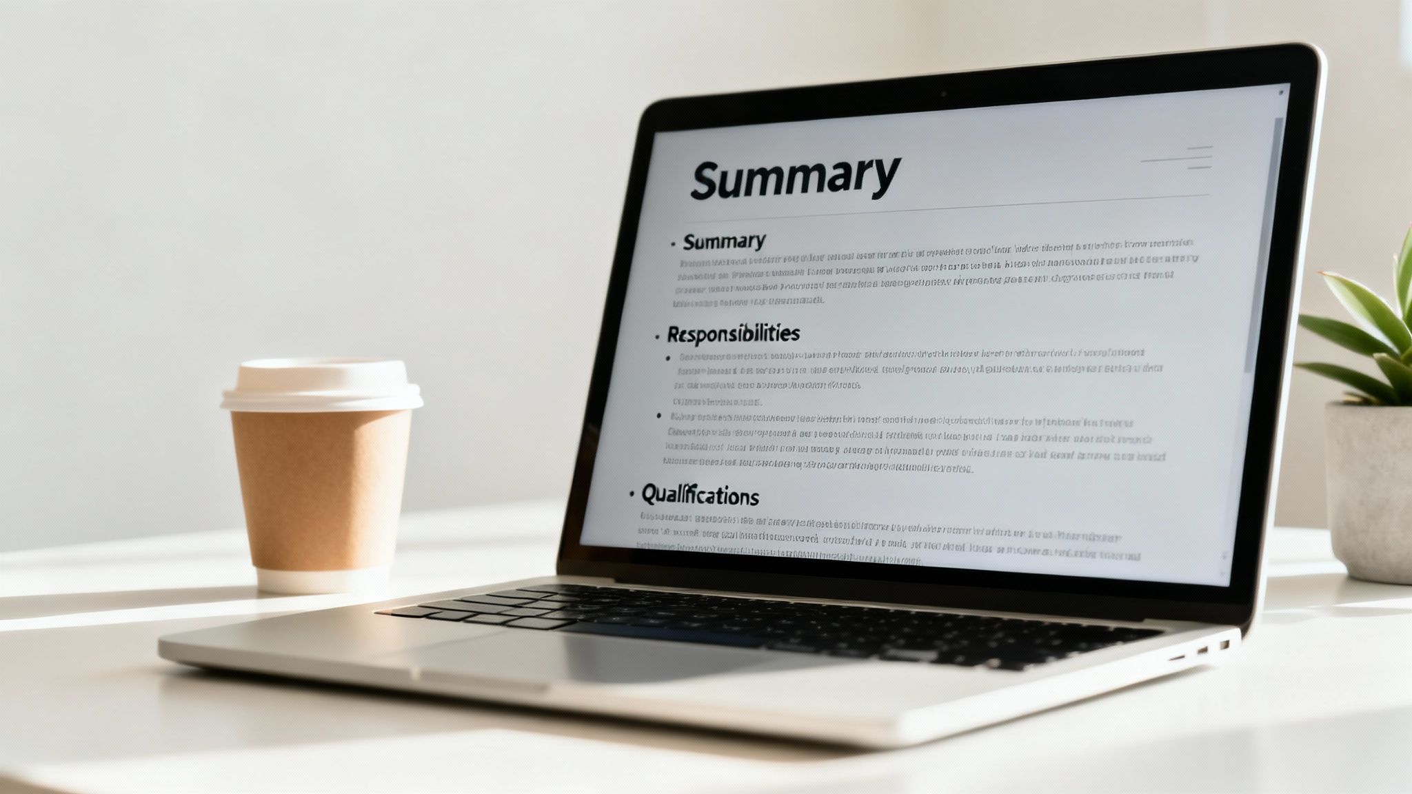 Ein Laptop, der eine Lebenslaufzusammenfassung anzeigt, mit einer Kaffeetasse und einer Pflanze auf einem sonnenbeschienenen Schreibtisch.